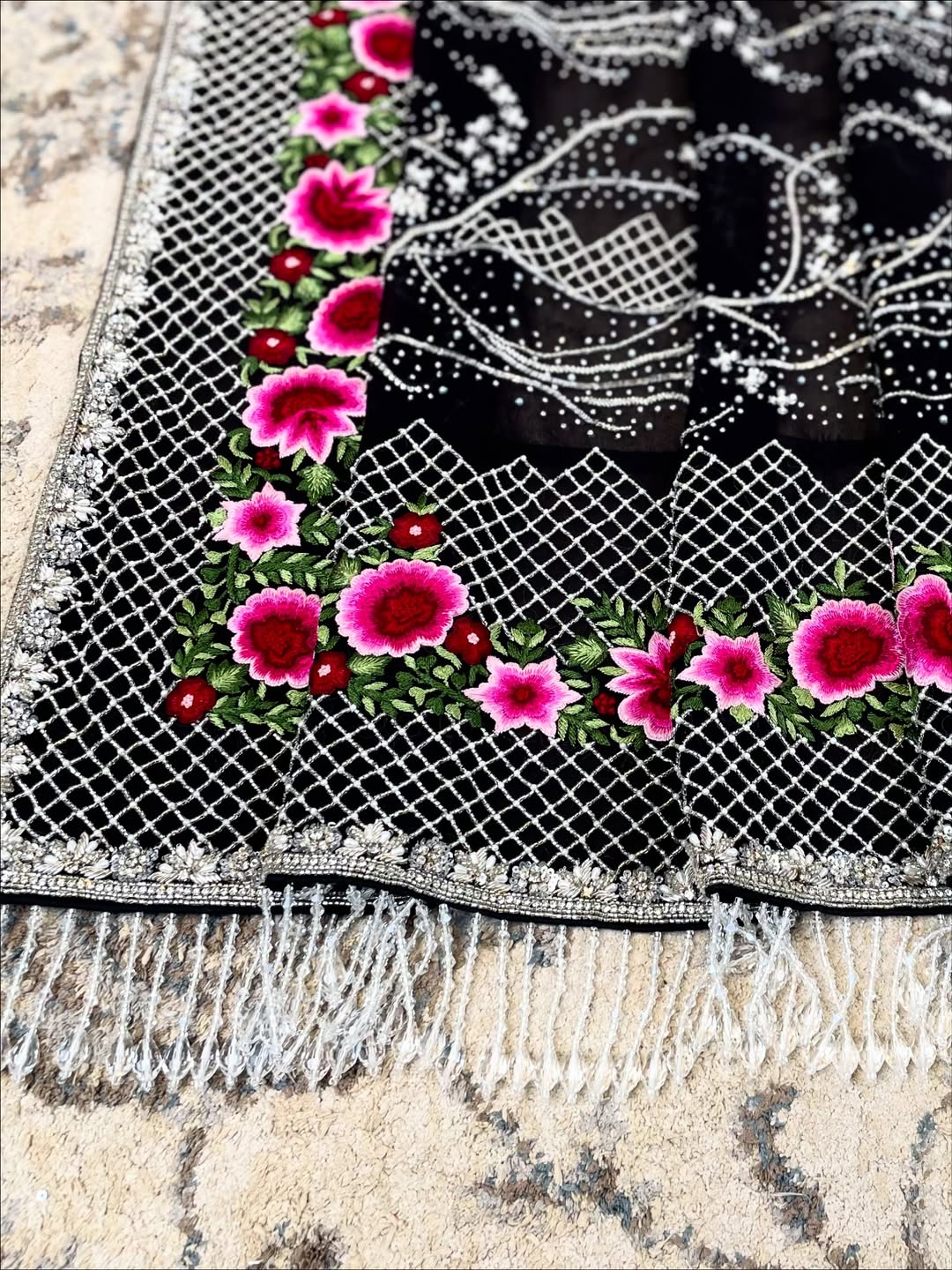 RESHAM AND DIAMANTE GEORGETTE SAREE WITH A FRENCH CHANTILLY LACE EMBELLISHED BLOUSE