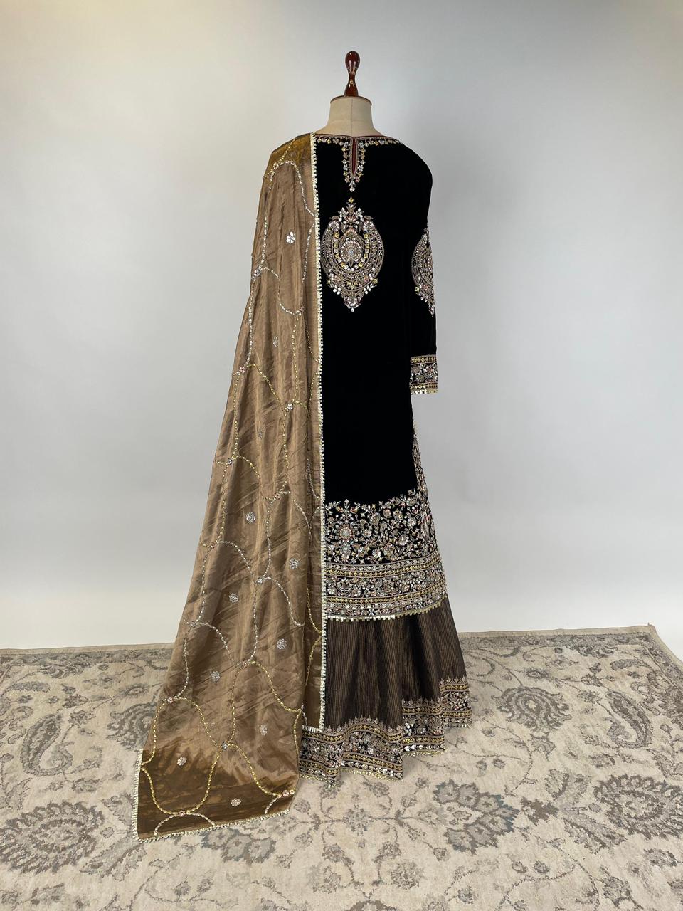 Black Velvet Gota and Danka Embrodiered Kurta with Tissue Dupatta and Dupatta
