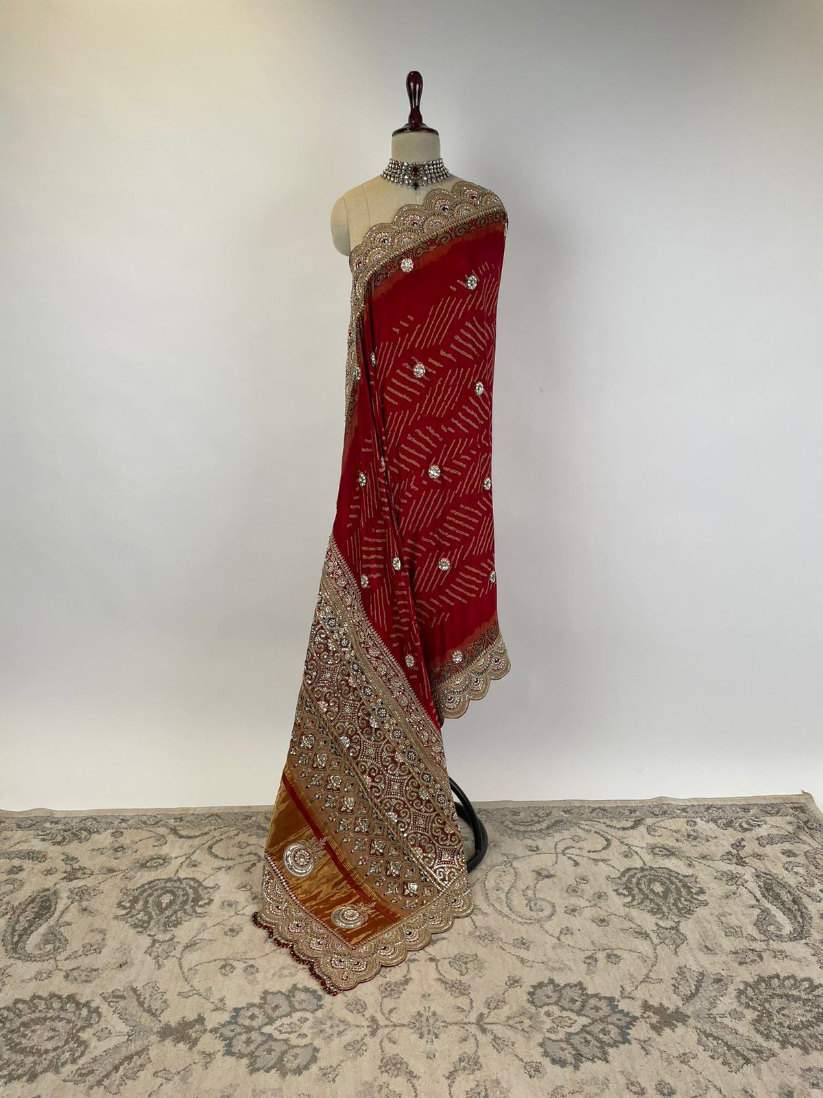 Rust Red Ajrakh Bandhani Marodi Embroidered Dupatta