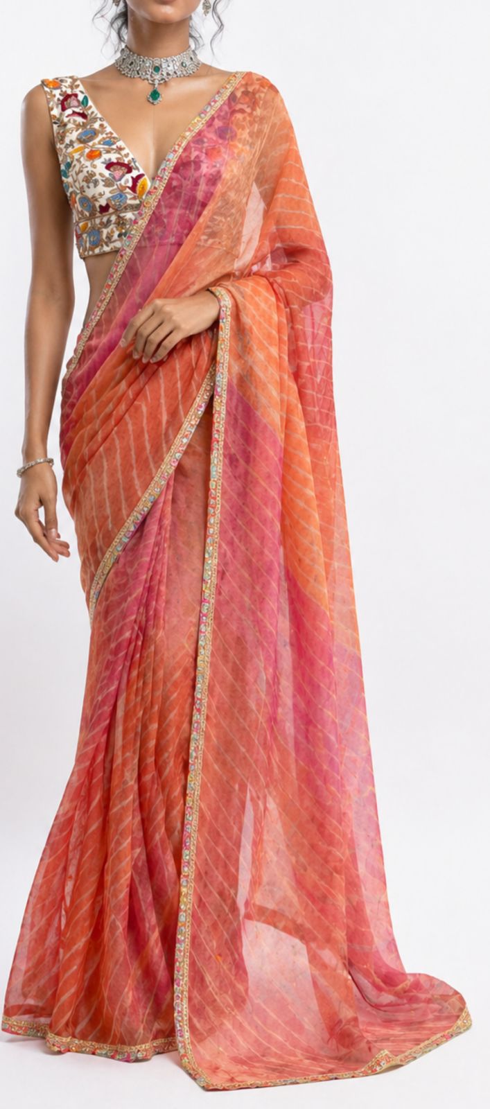 Organza Tissue Leheriya saree with Resham and Marodi work detailing.