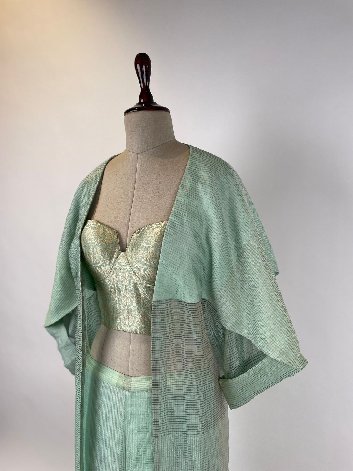 Mint Green Kota Doria Cape Jacket and Pants with Banarasi Brocade Corset