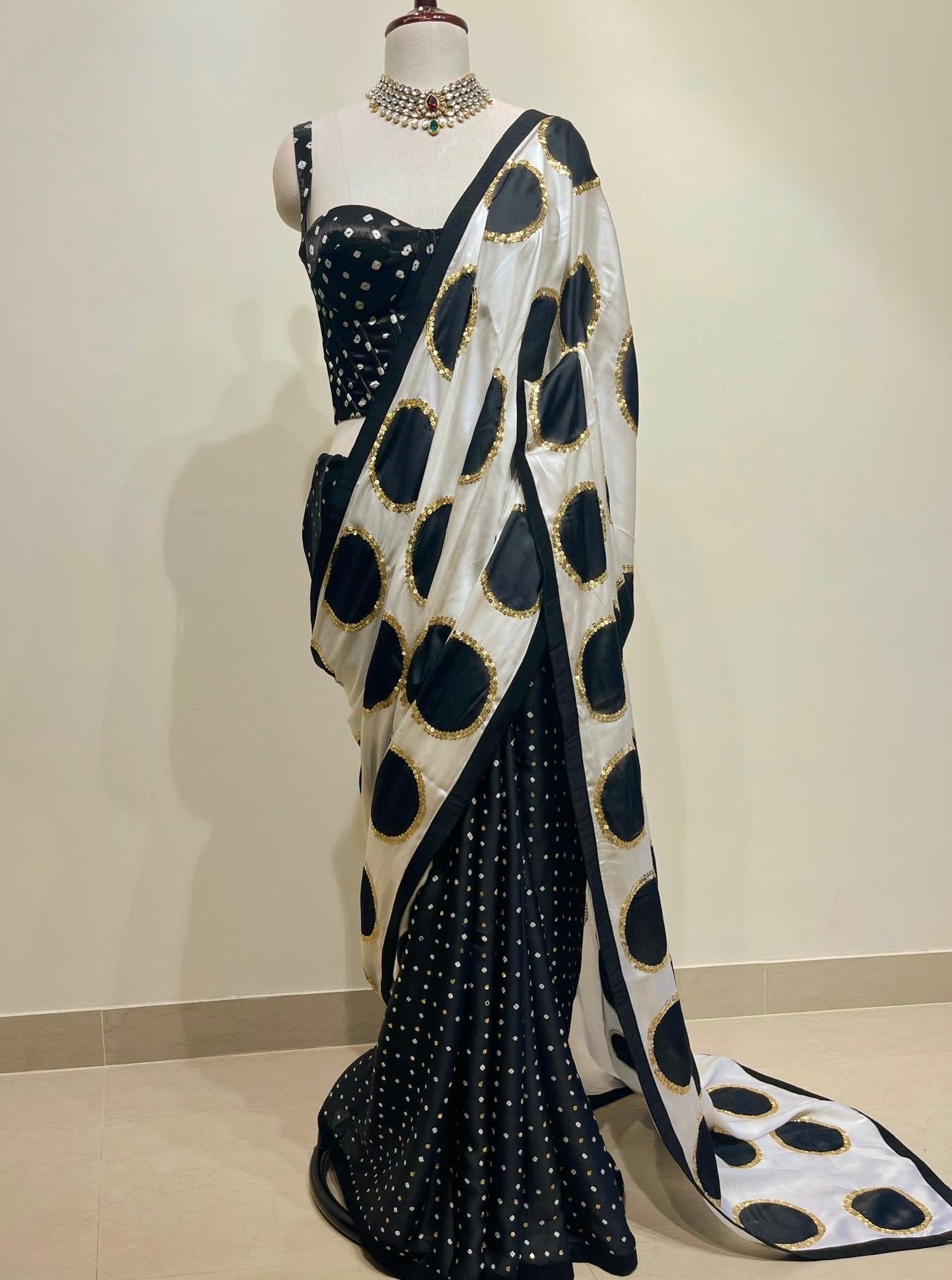 BLACK POLKA & BANDHEJ FUSION SAREE WITH CORSET BANDHEJ BLOUSE