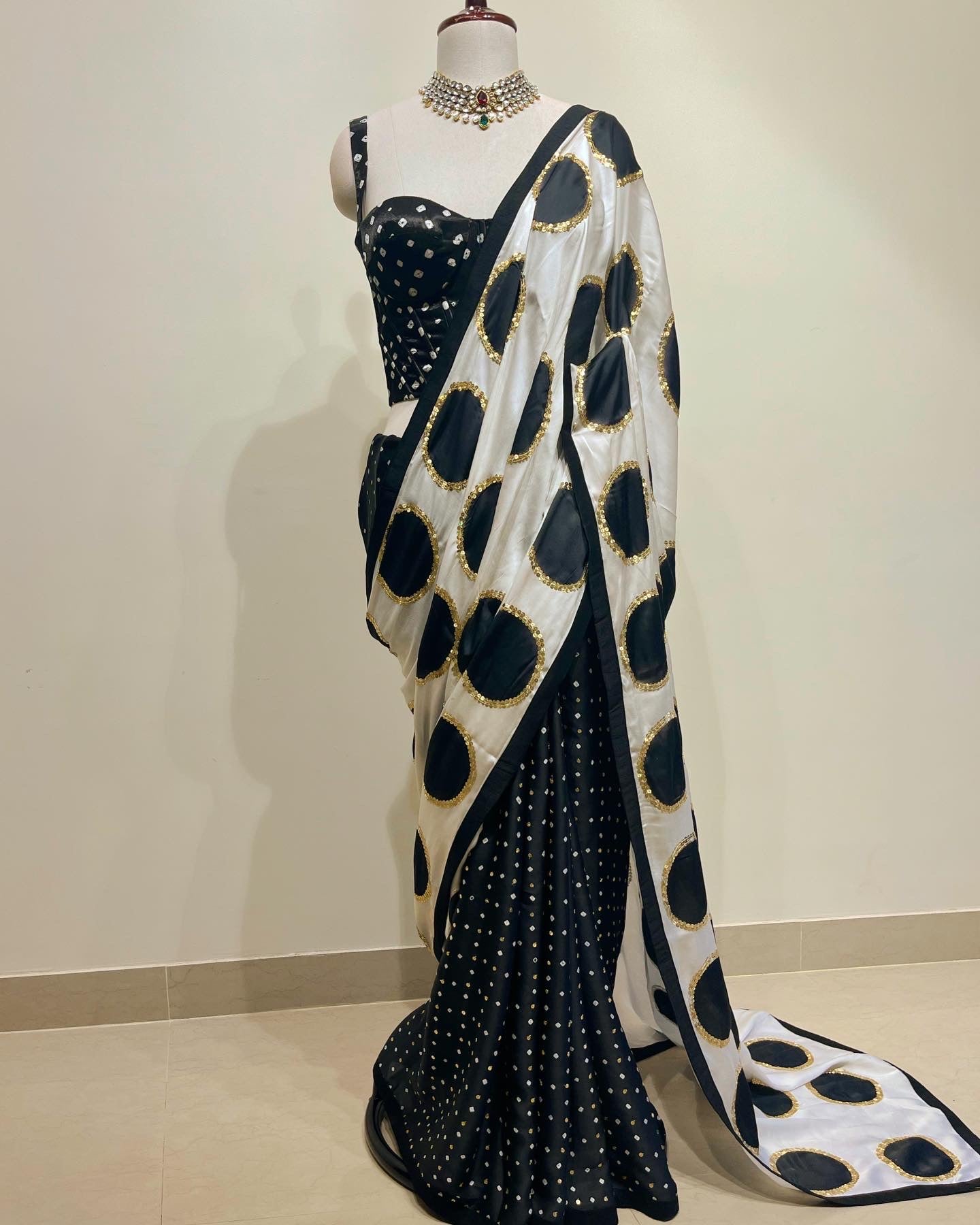 BLACK POLKA & BANDHEJ FUSION SAREE WITH CORSET BANDHEJ BLOUSE