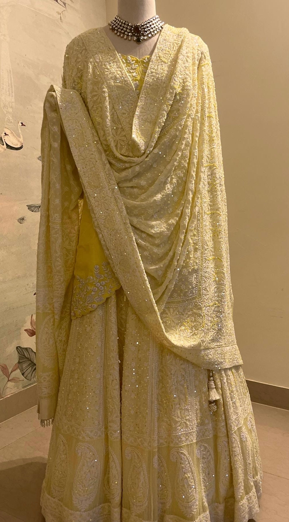 LIME YELLOW CHIKANKARI LEHENGA WITH SHORT KURTA