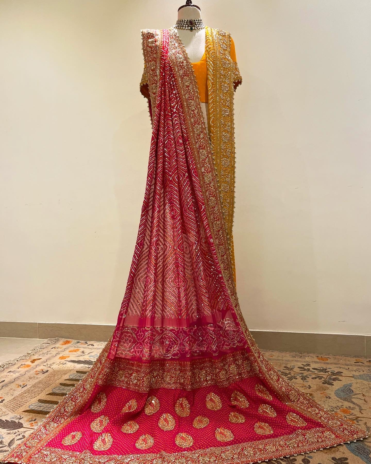 YELLOW TO PINK OMBRE SEQUINNED BANDHEJ SAREE