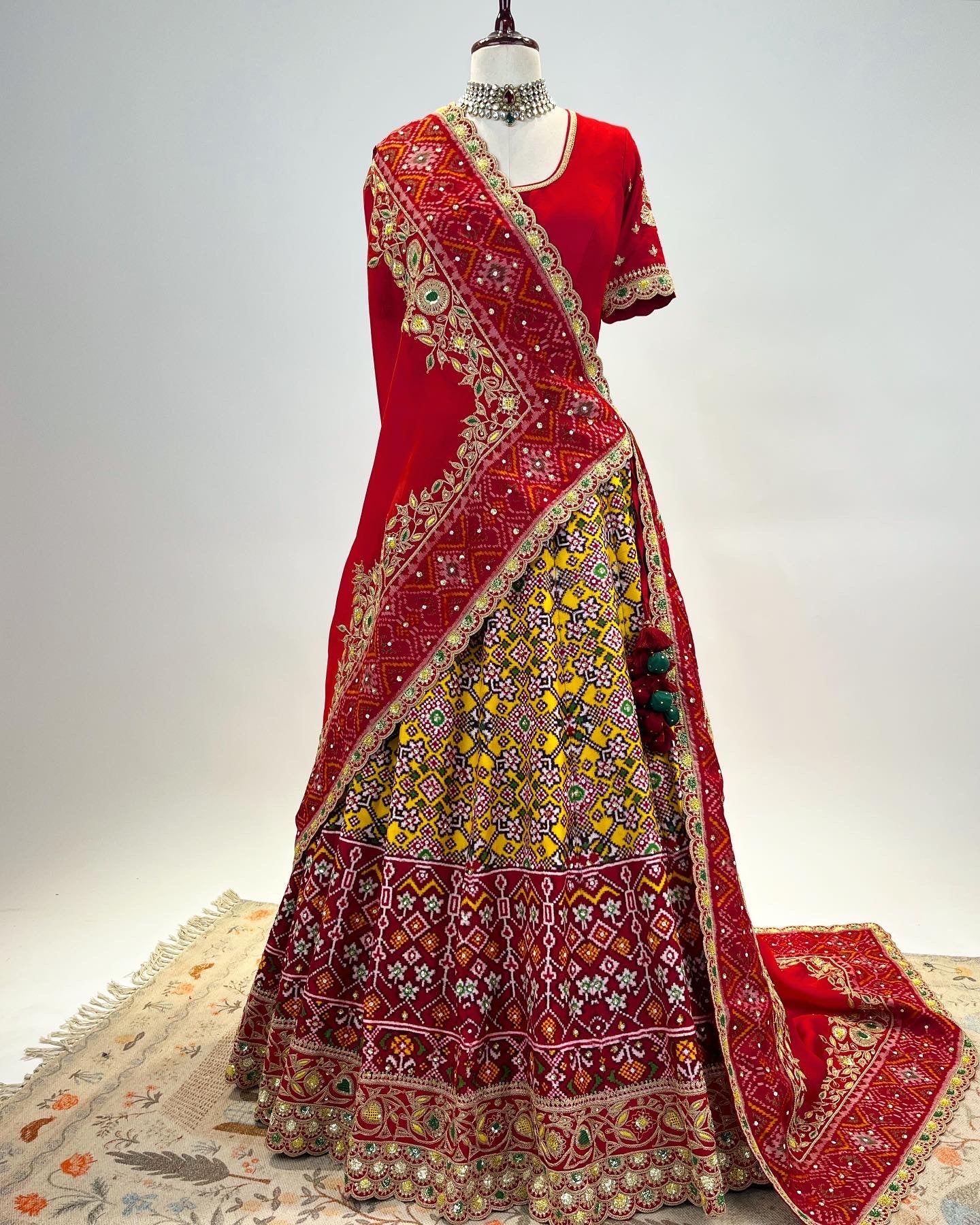 DOUBLE IKAT PATAN PATOLA LEHENGA IN MARODI & RESHAM JALI WORK