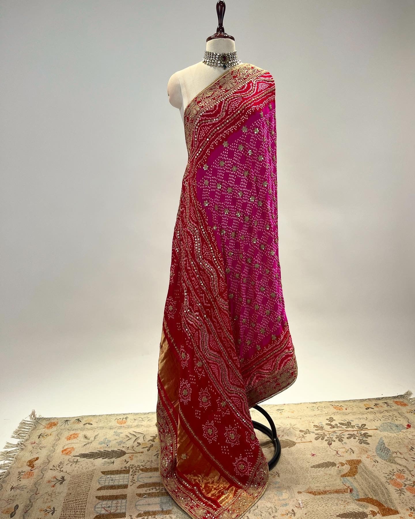 PINK-RED OMBRE MARODI WORK RAI BANDHEJ DUPATTA