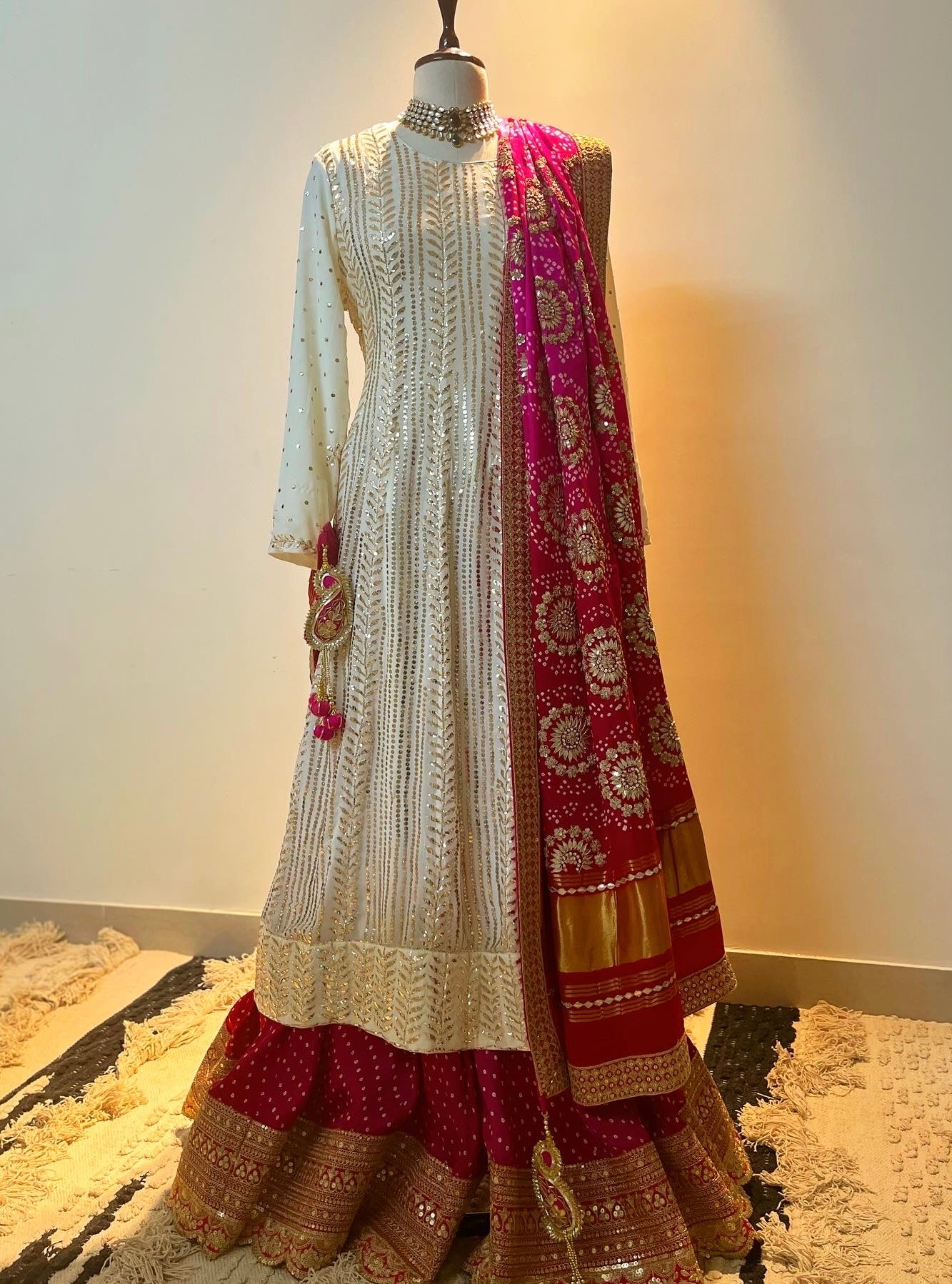 OFF WHITE MUKAISH WORK ANARKALI WITH BANDHEJ SHARARA