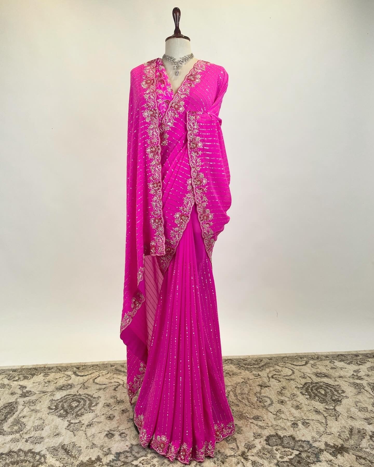 Hot Pink Gorgette Saree in Zardosi, Resham and Tiki work