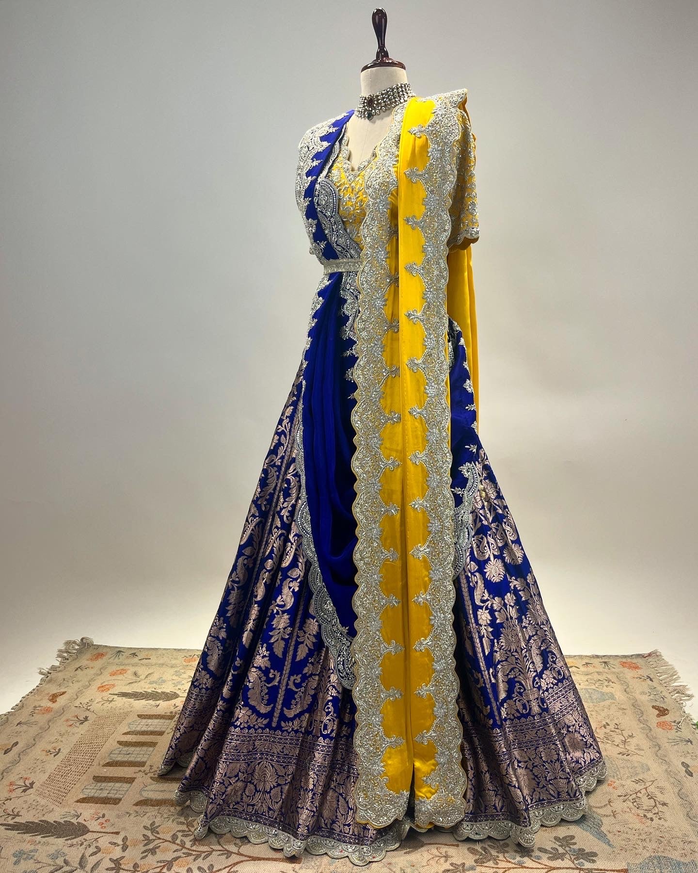 OCHRE & ROYAL BLUE HANDWOVEN BANARASI LEHENGA IN PURE HANDLOOM KADWA WORK