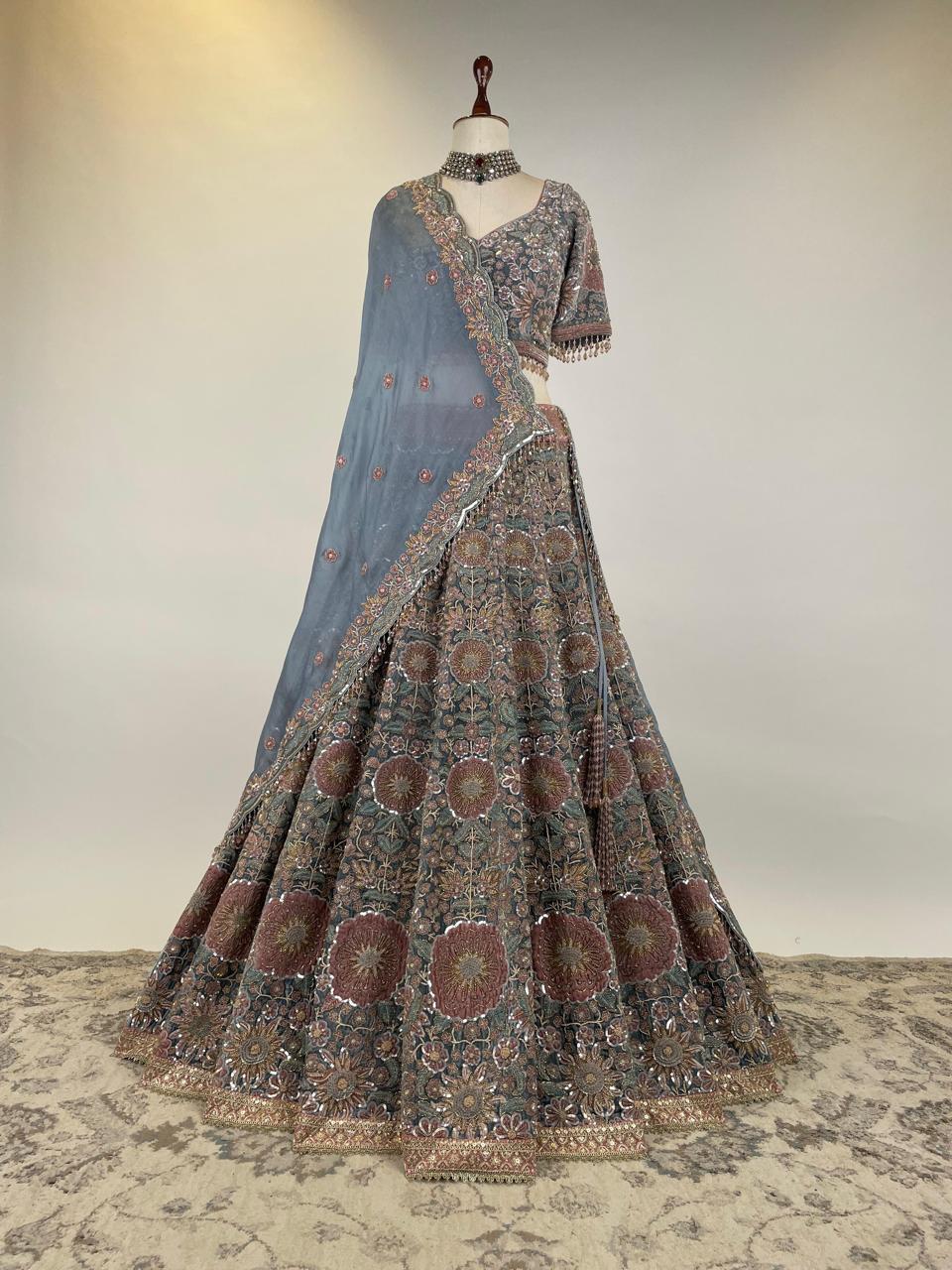 DUSTY BLUE AND PINK VELVET LEHENGA SET IN ZARDOSI