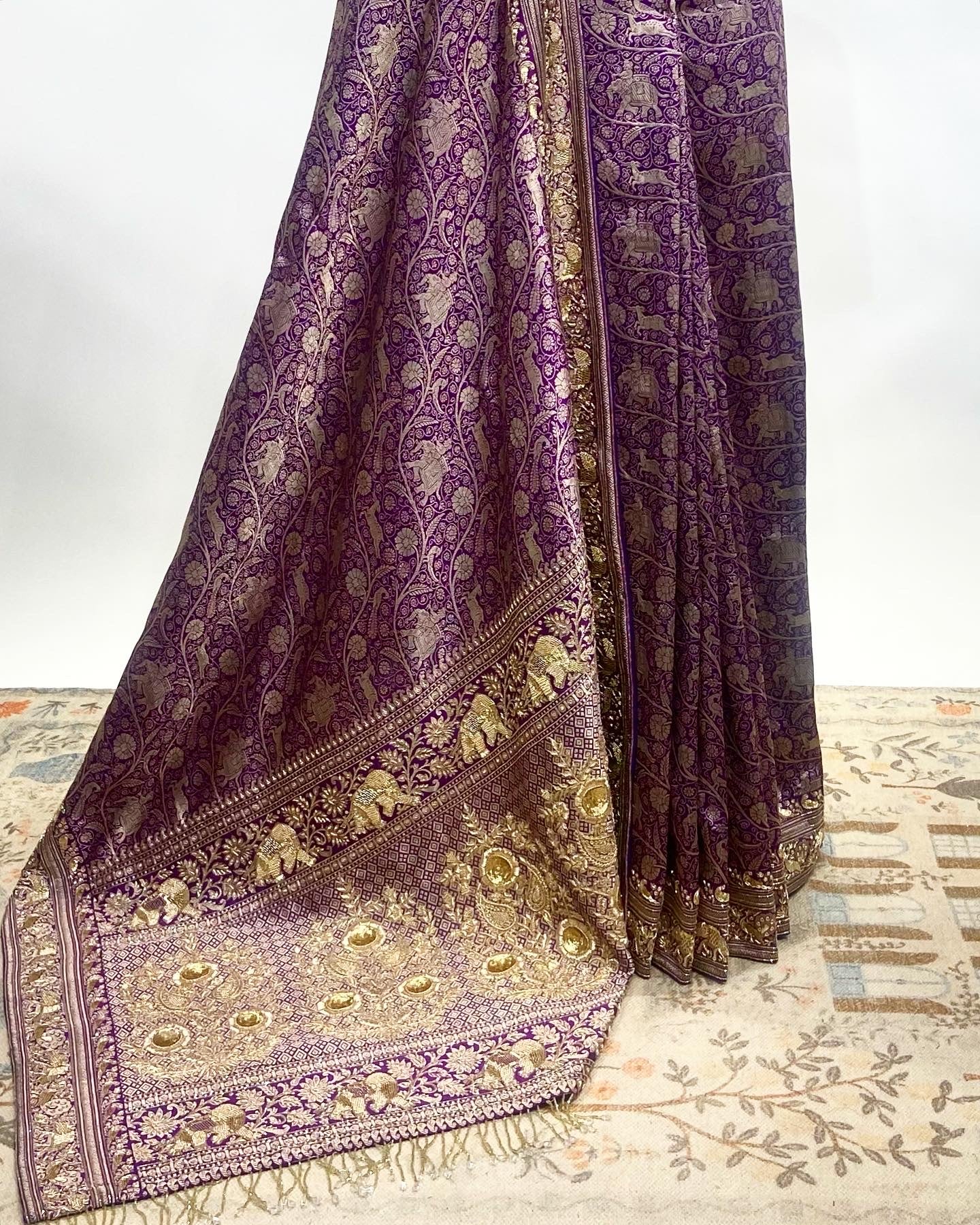 DEEP FRENCH VIOLET EKTAAR BANARASI SHIKARA SAREE IN ANTIQUE GOLD ZARDOSI WORK