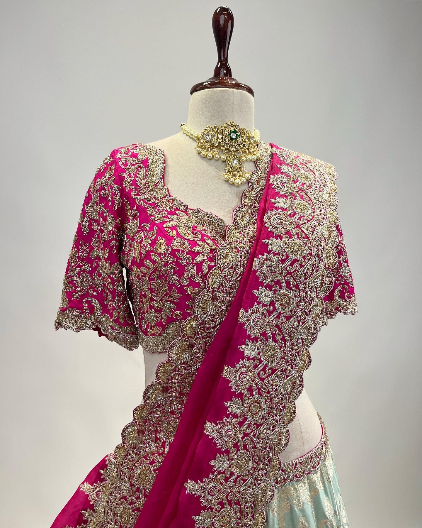 PASTEL TIFFANY BLUE BANARASI KADWA MEENA LEHENGA WITH MAGENTA DUPATTA & ZARDOSI WORK