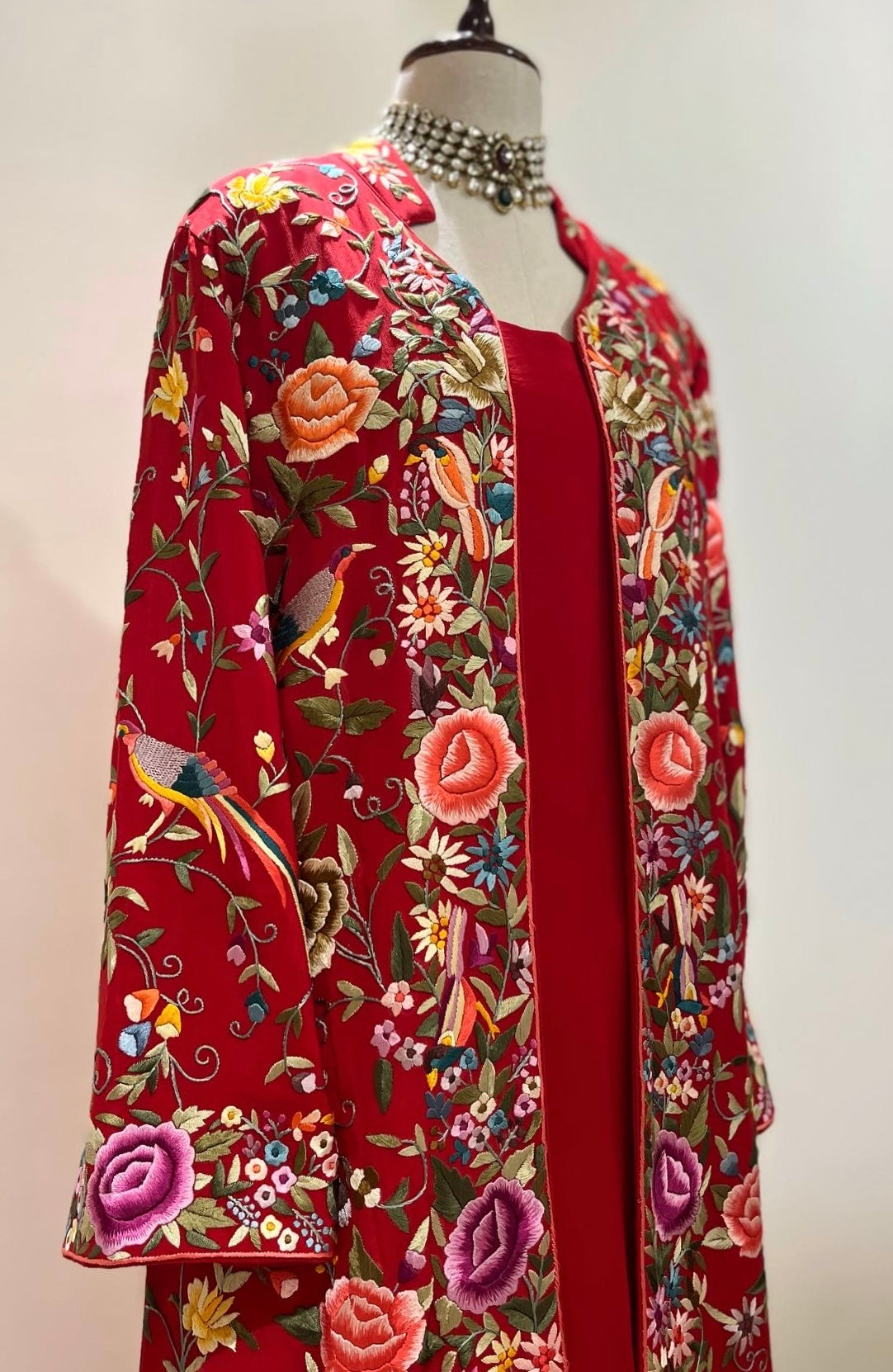 RED PARSI GARA JACKET WITH SHORT KURTA & SHARARA