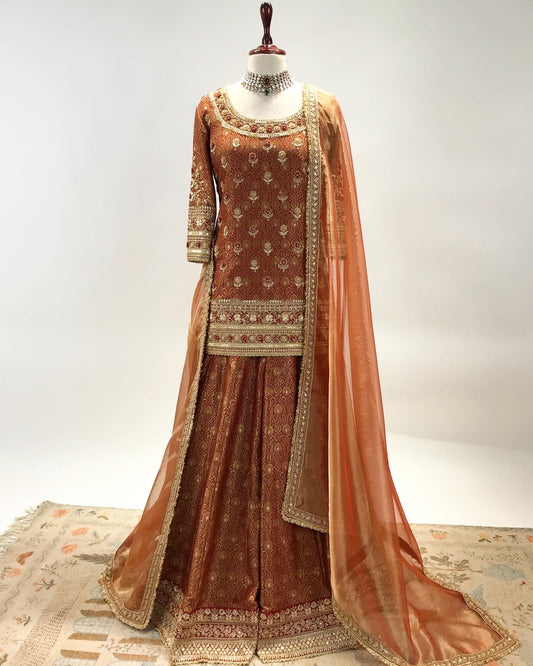 BROCADE SHORT KURTA & LEHENGA SET WITH FRENCH KNOT & MARODI WORK