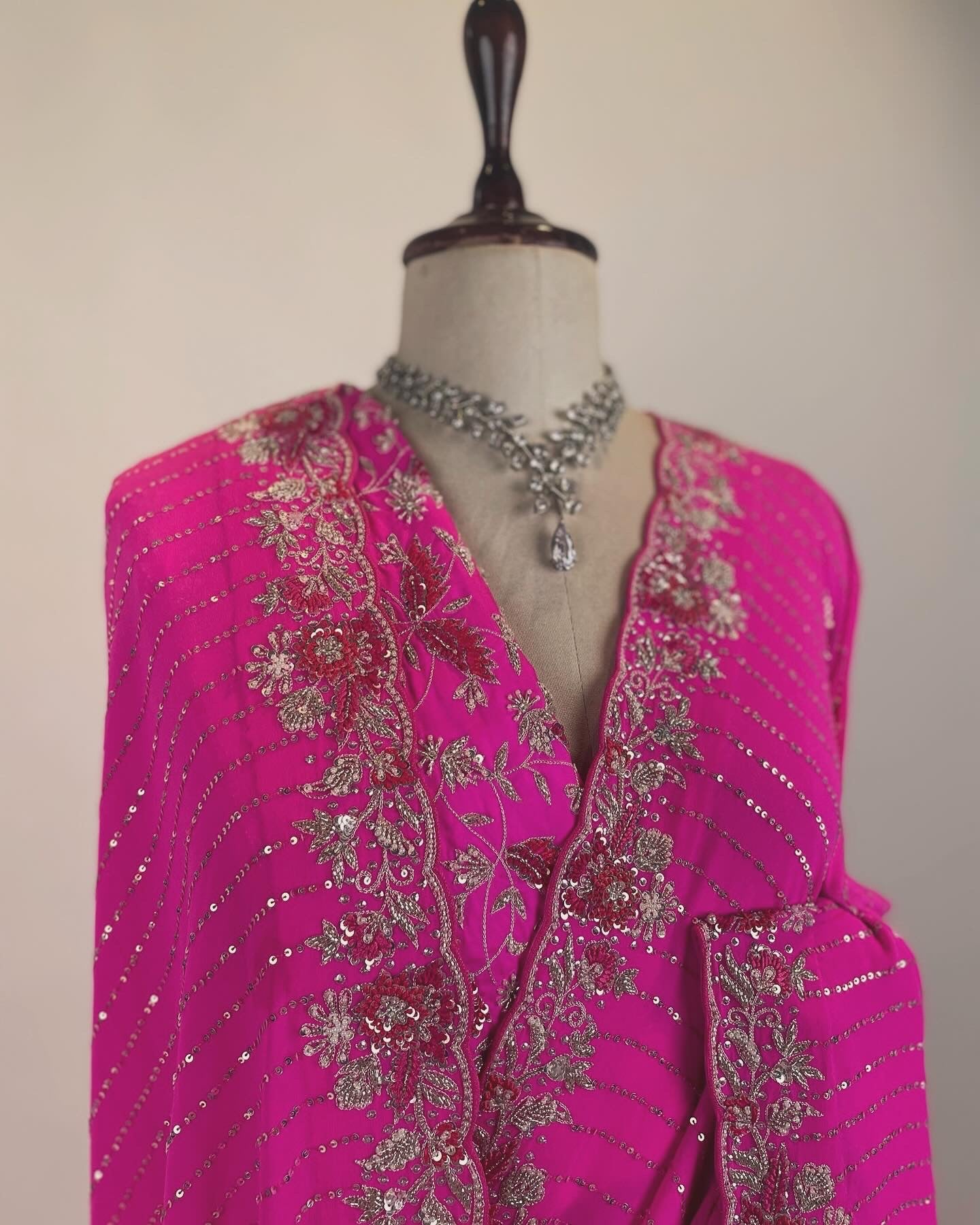 Hot Pink Gorgette Saree in Zardosi, Resham and Tiki work