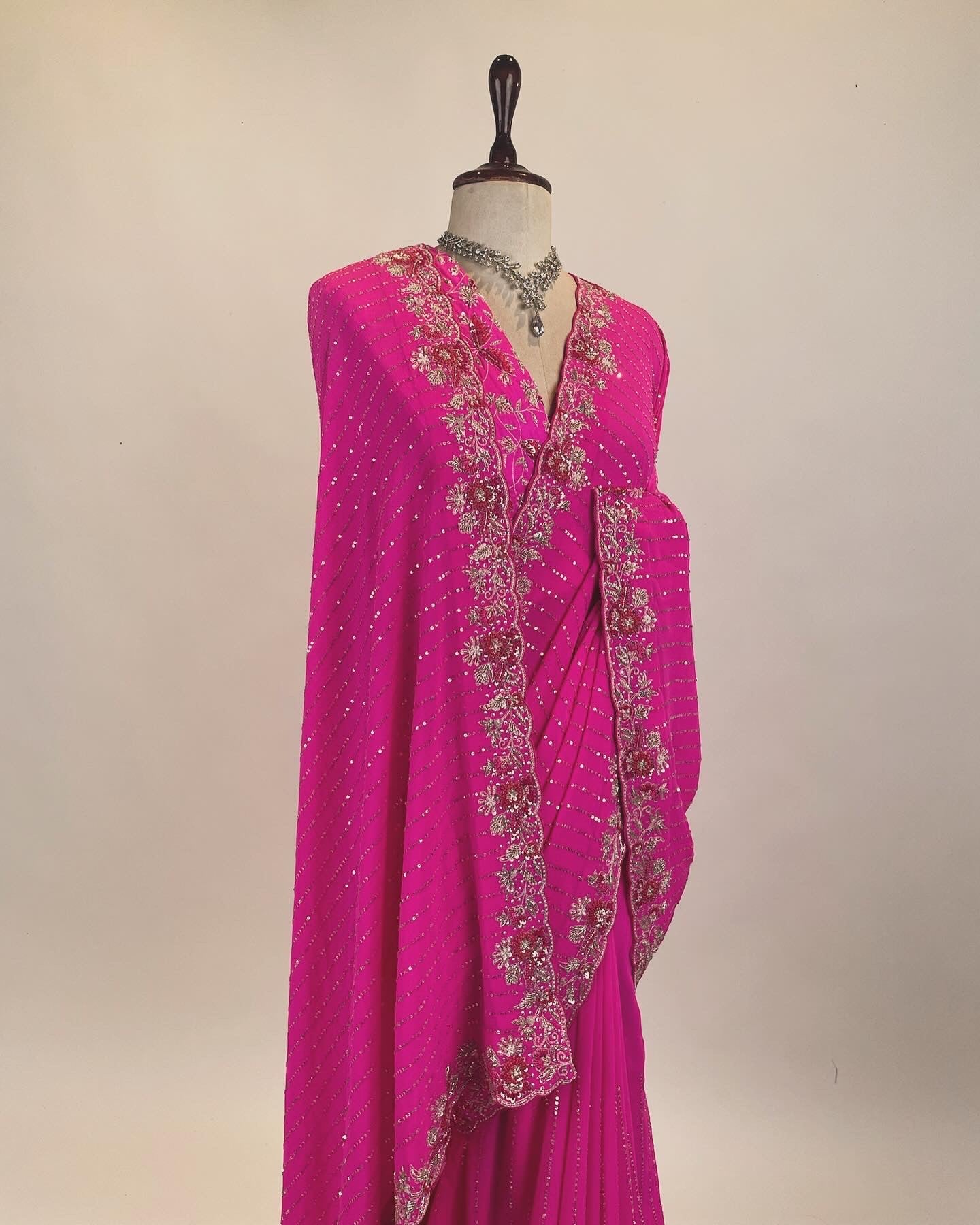 Hot Pink Gorgette Saree in Zardosi, Resham and Tiki work