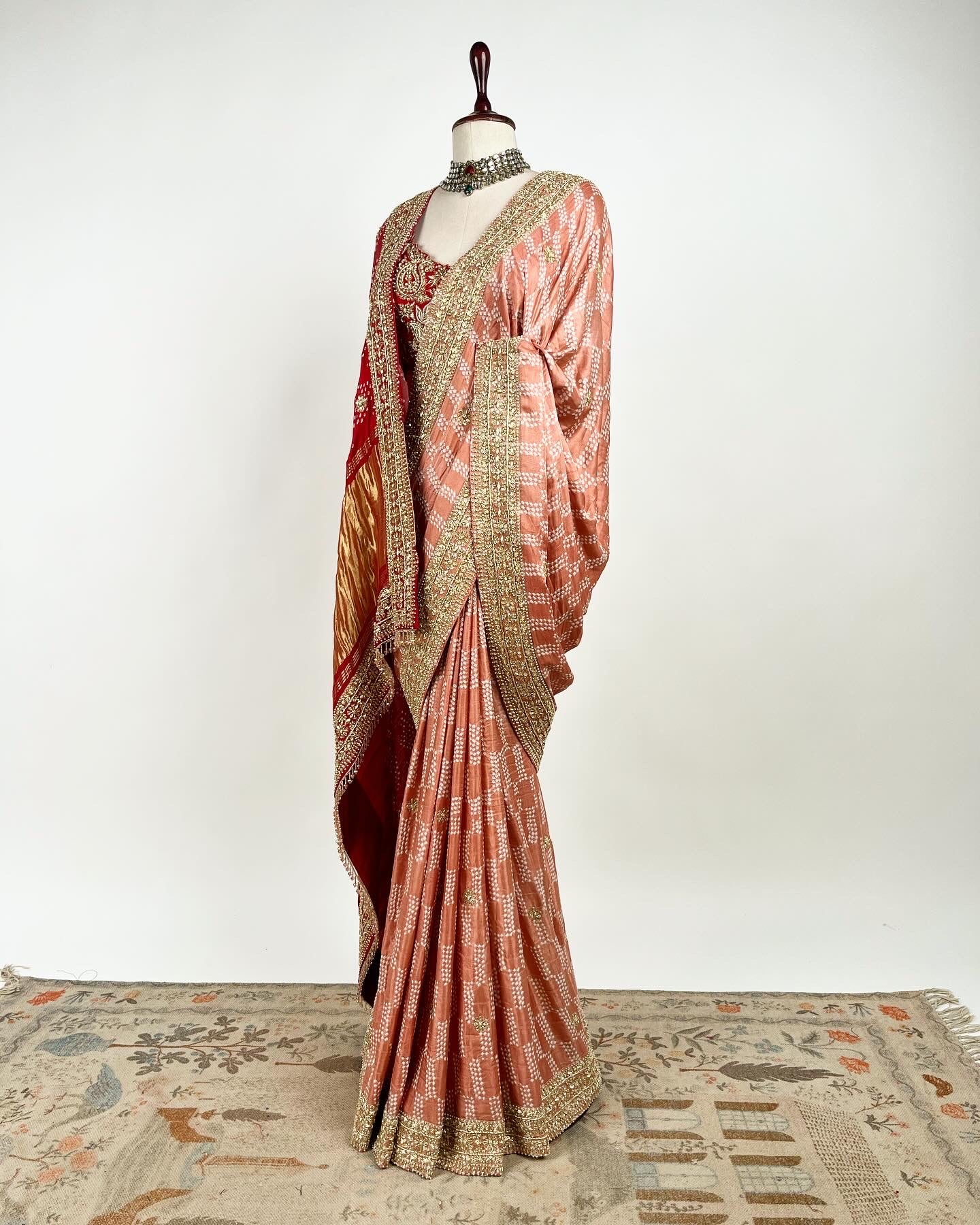 BANDHEJ CORAL TO RED OMBRE SAREE WITH ZARDOSI WORK BORDER & BLOUSE