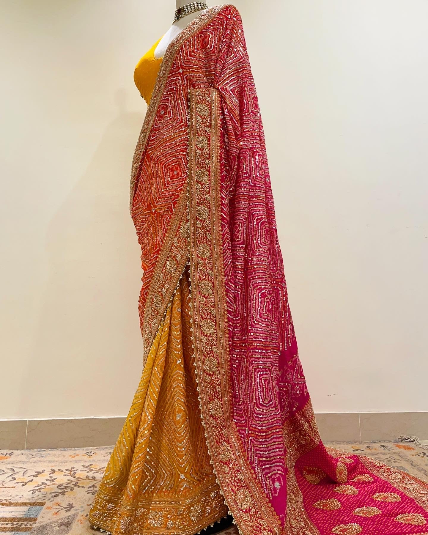 YELLOW TO PINK OMBRE SEQUINNED BANDHEJ SAREE