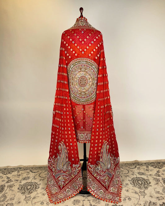 RED ZARDOZI EMBROIDERED BANDHANI ODHNA