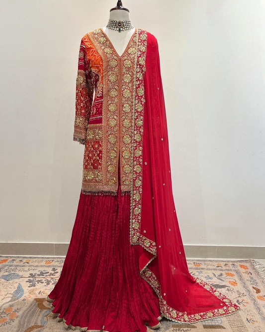 RED BANDHEJ SHARARA JODA CRAFTED WITH ZARDOSI