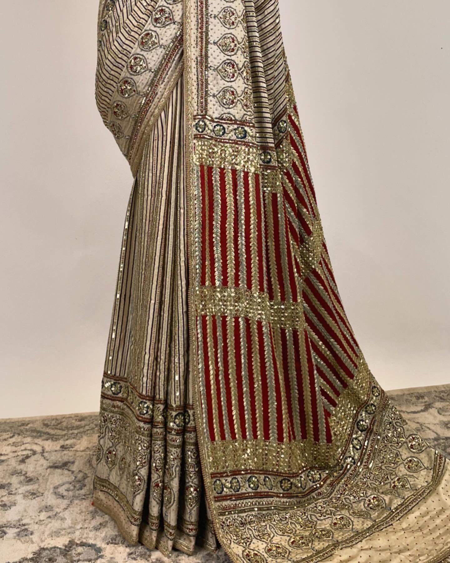 Striped Hand Blocked Ajrakh with Zardosi Saree with a Rhinestone Studded Blouse 