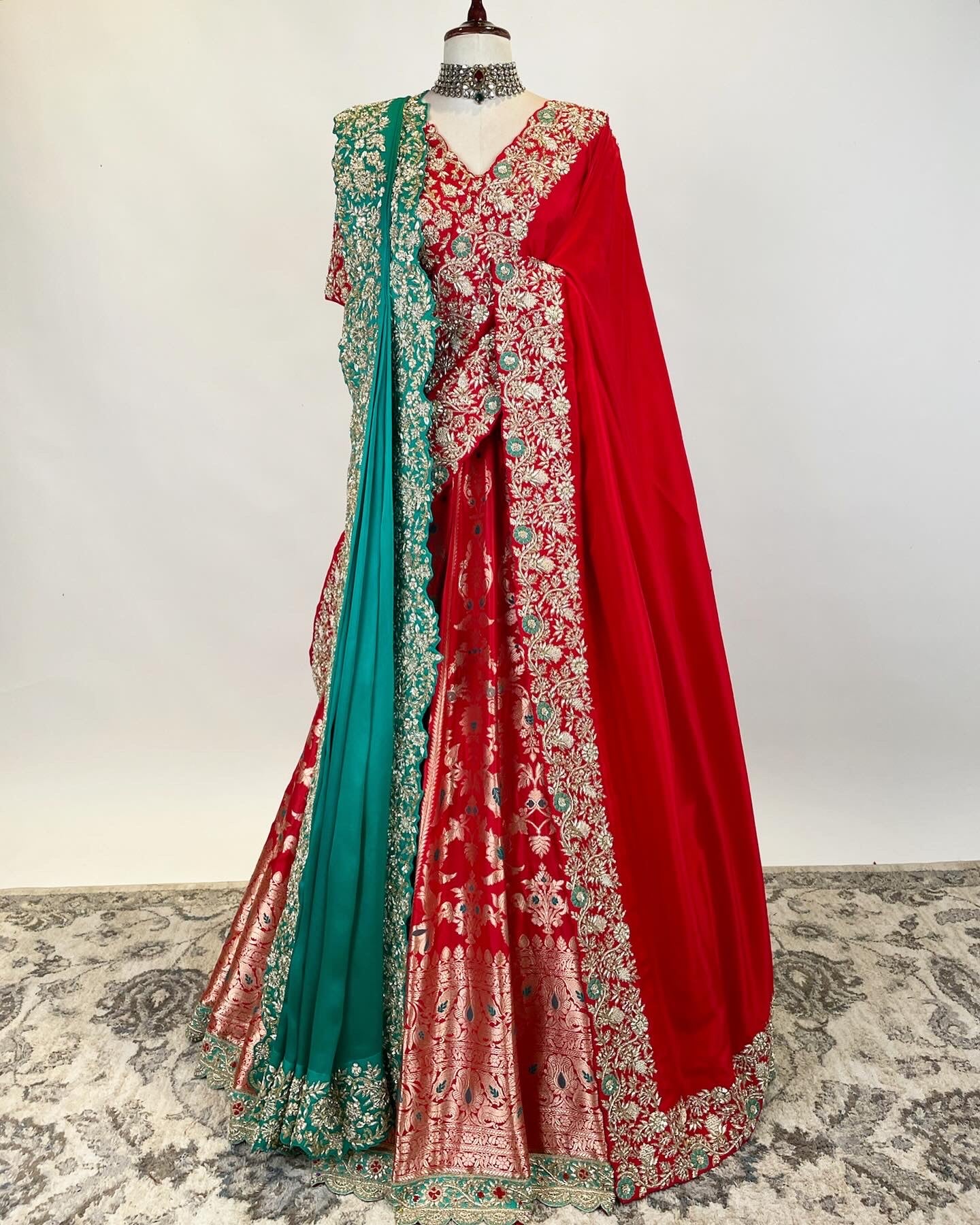 Kadwa Benarasi Lehenga in Zardosi with double drape dupatta and belt