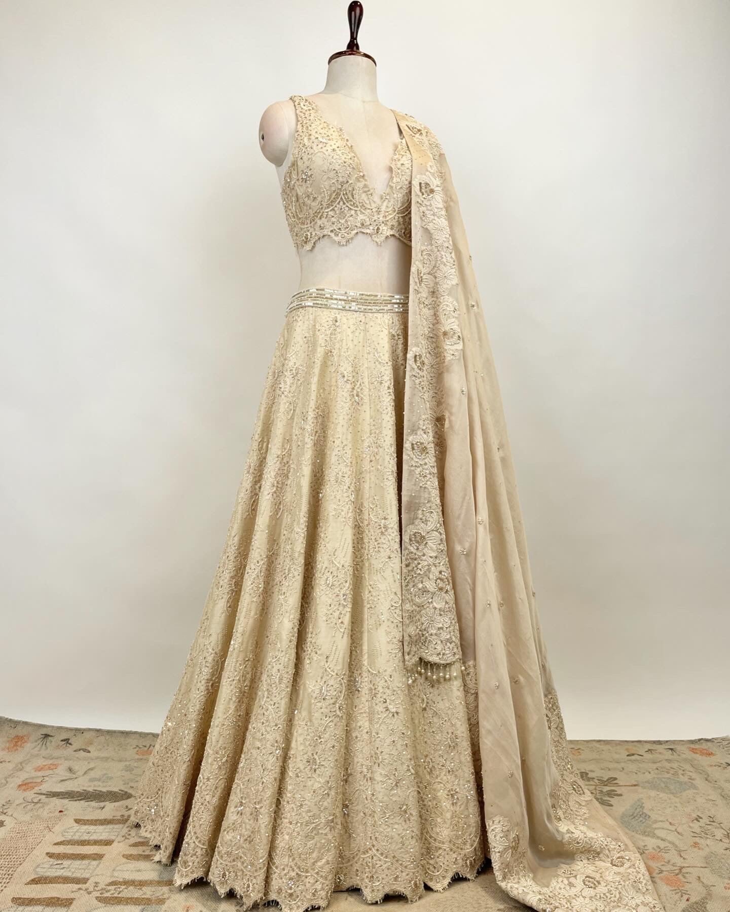 FRENCH CHANTILLY LEHENGA WITH BEADS & STONE DETAIL WORK