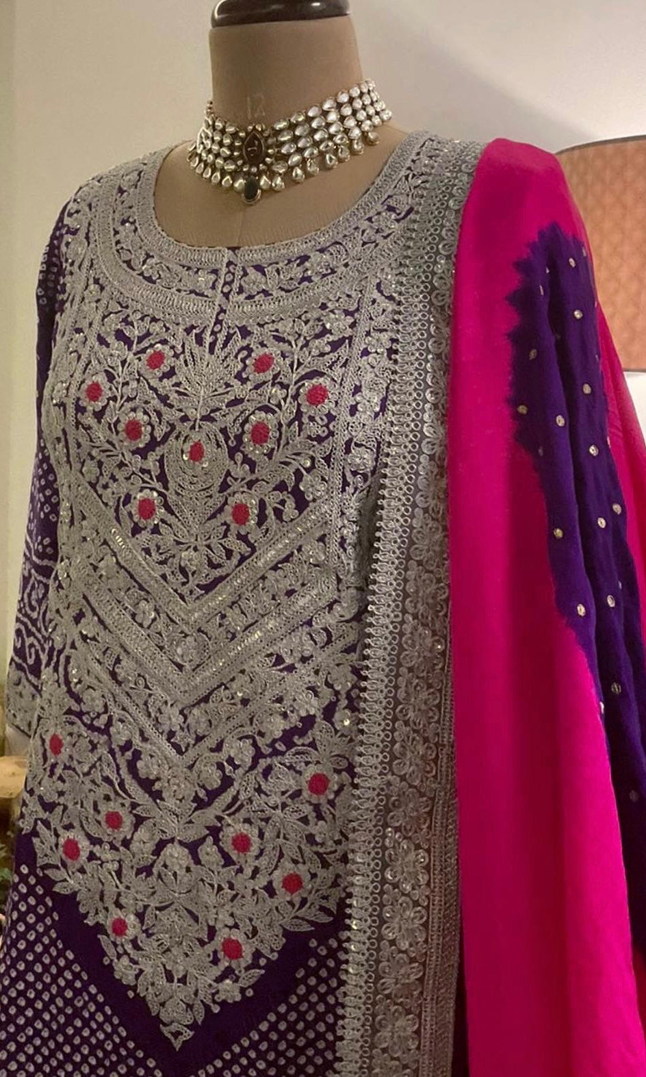 PURPLE & SHOCKING PINK AABHA KURTA SET IN SILVER MARODI