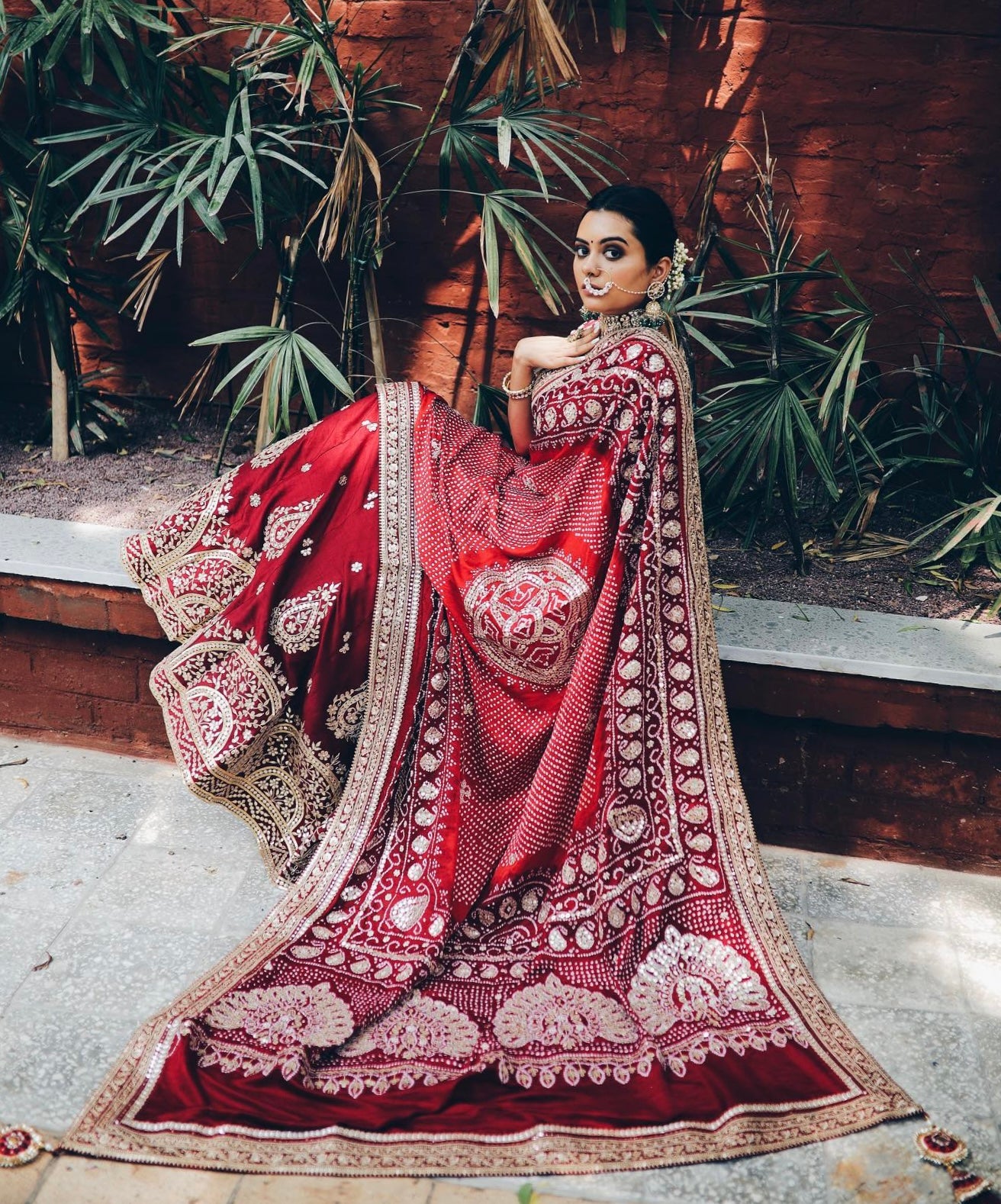 RED GOTAPATTI LEHENGA WITH OMBRE RED MAROON BANDHEJ DUPATTA