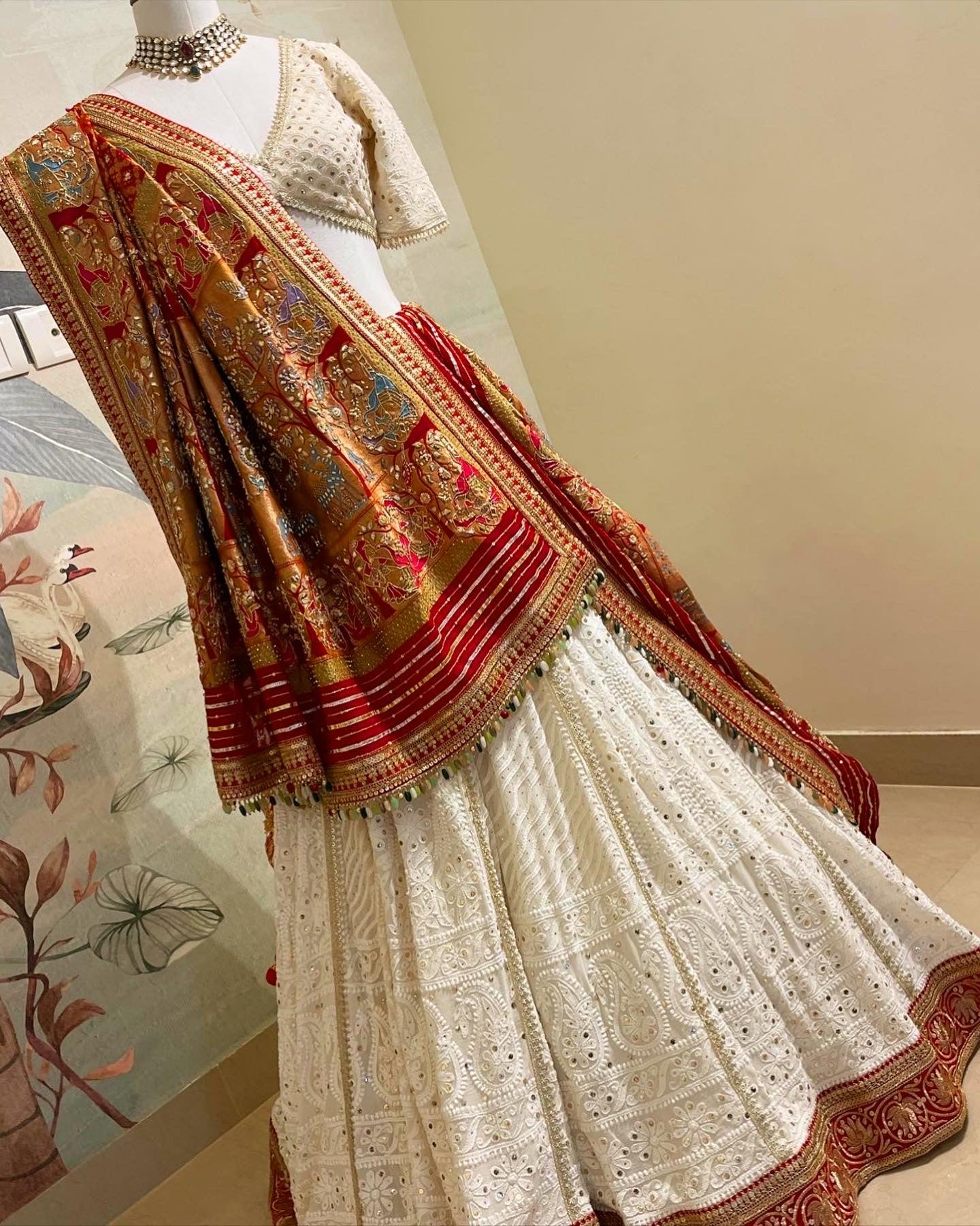 OFF WHITE PANETAR CHIKANKARI ZARDOSI KASAB & BANDHEJ LEHENGA