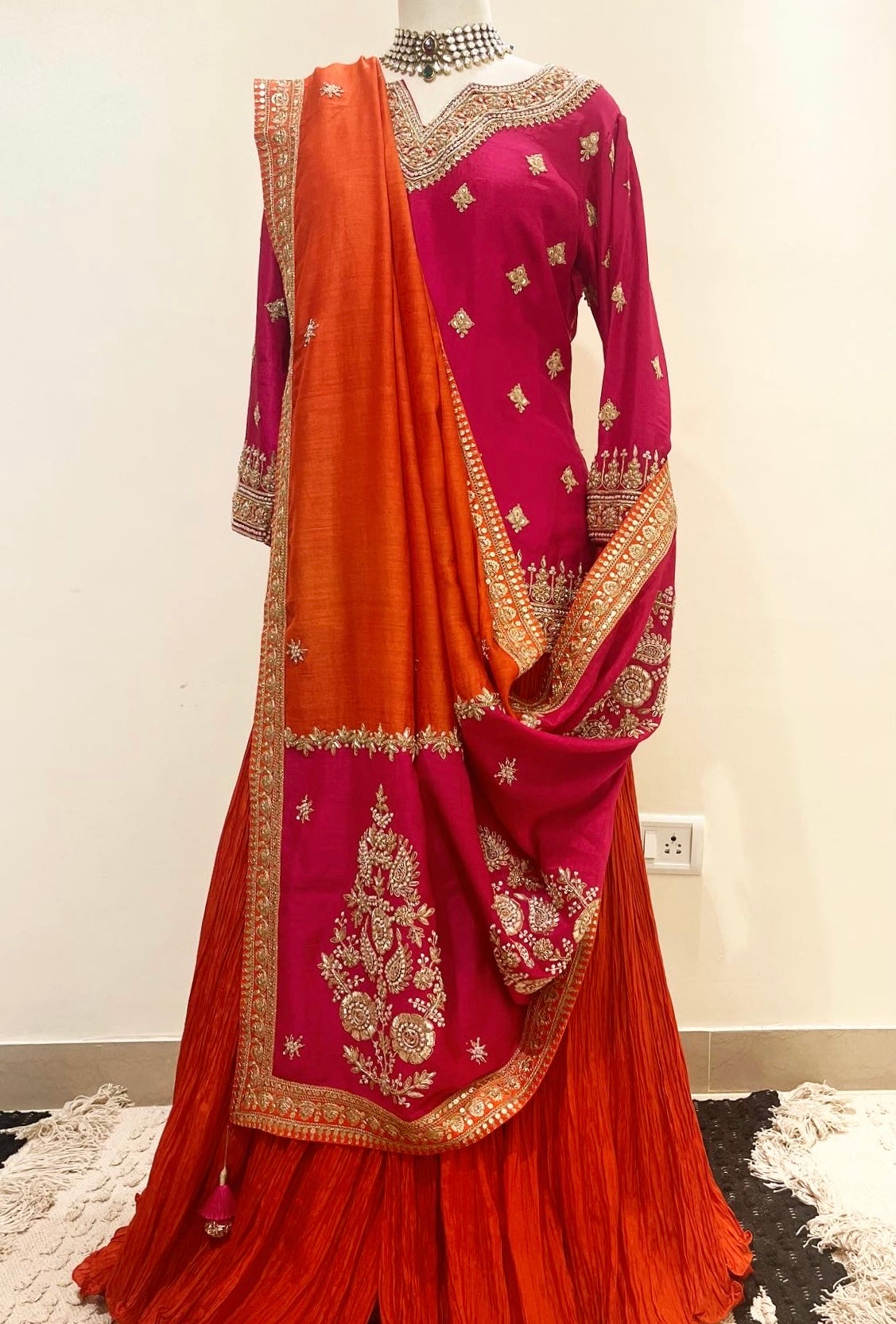 ROYAL PINK & ORANGE MARODI SHORT KURTA WITH CRUSHED SILK SHARARA