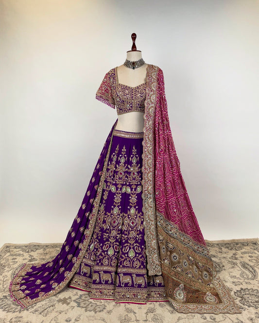 PURPLE LEHENGA WITH MARODI AND DORI WORK PAIRED WITH DOUBLE DUPATTAS
