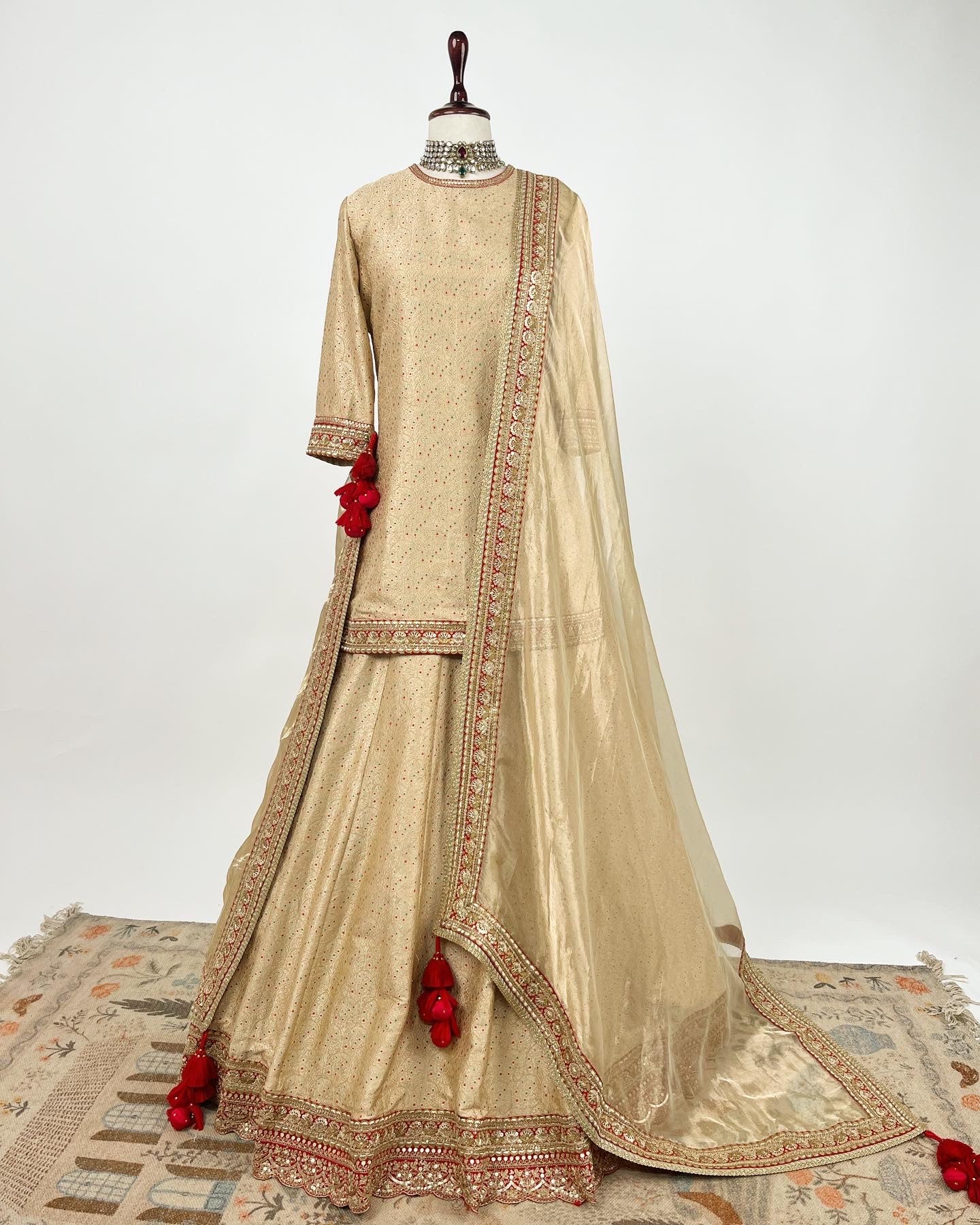 MEENAKARI BROCADE LEHENGA PAIRED WITH BROCADE SHORT KURTA & HANDLOOM TISSUE ORGANZA DUPATTA