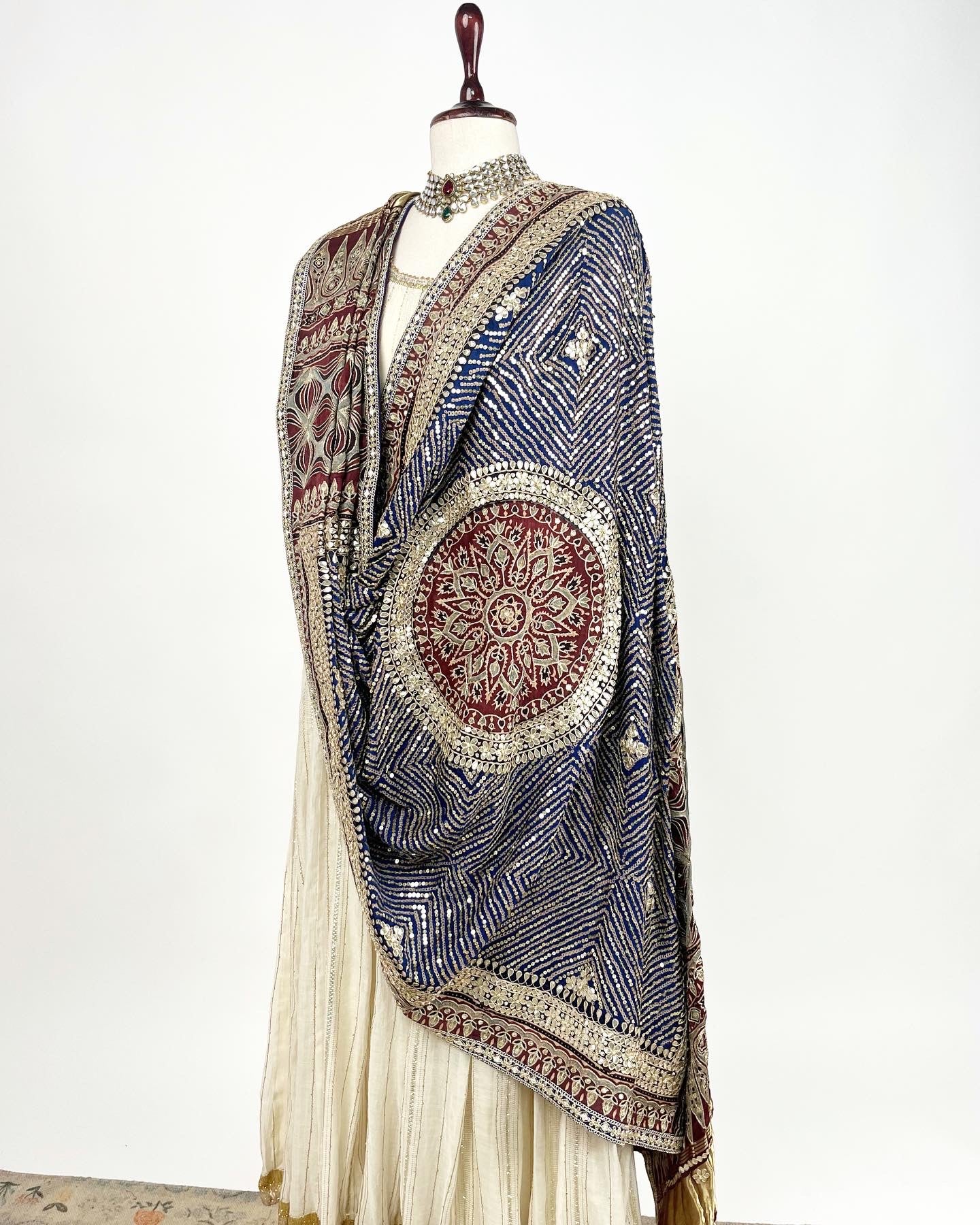 DARK BLUE AJRAKH BANDHANI DUPATTA IN MARODI & GOTAPATTI EMBROIDERY