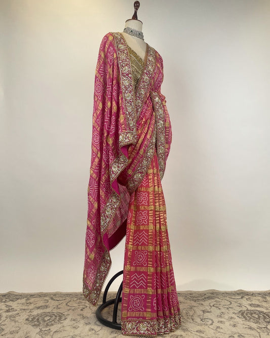 PURE GOLD ZARI FUCHSIA GHARCHOLA SAREE WITH EMBELLISHED GOLDEN BLOUSE