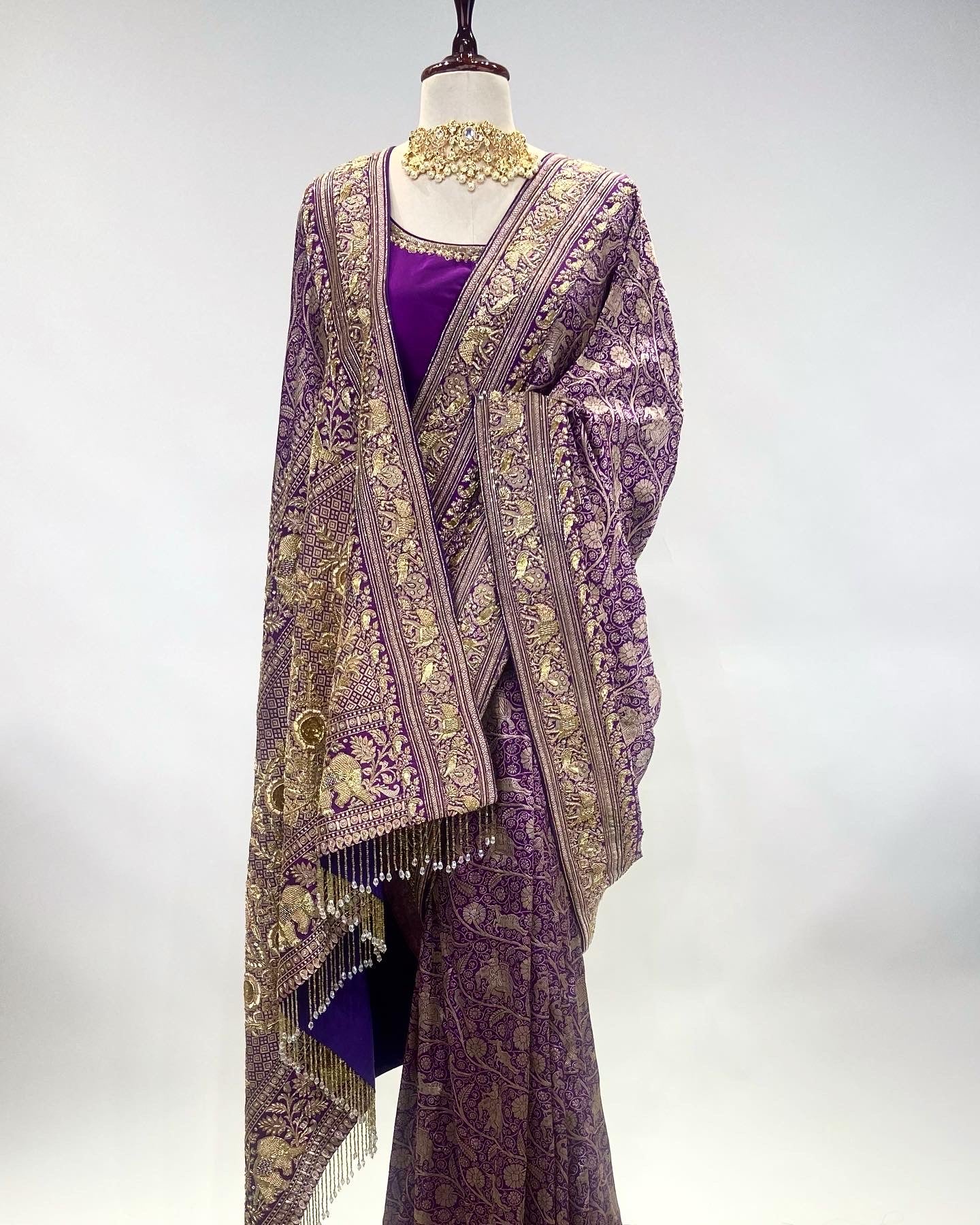 DEEP FRENCH VIOLET EKTAAR BANARASI SHIKARA SAREE IN ANTIQUE GOLD ZARDOSI WORK