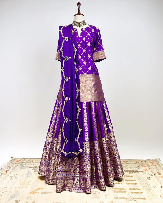 KADWA HANDLOOM LEHENGA & SHORT KURTA WITH MARODI WORK DUPATTA