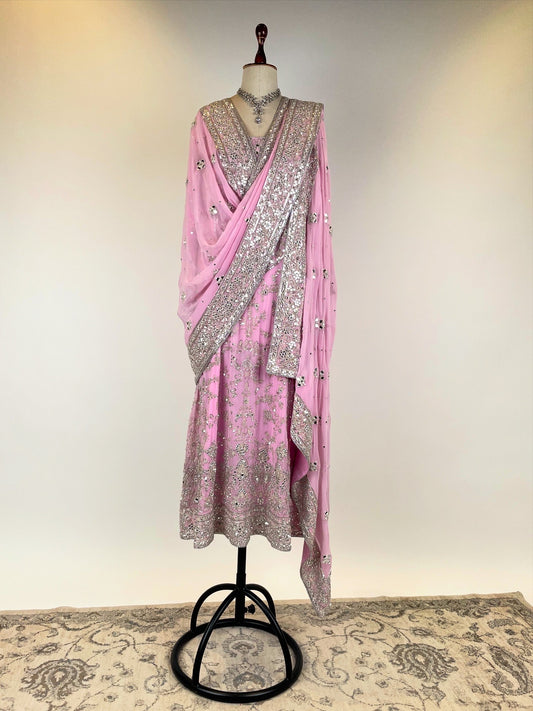 ROSE PINK FINE AABLA AND ZARDOSI EMBROIDERED A-LINE LONG KURTA ENSEMBLE
