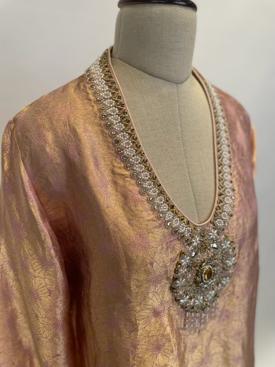 Rose Gold Banarasi Brocade Kurta Set With Handcrafted Crystal Embellishment