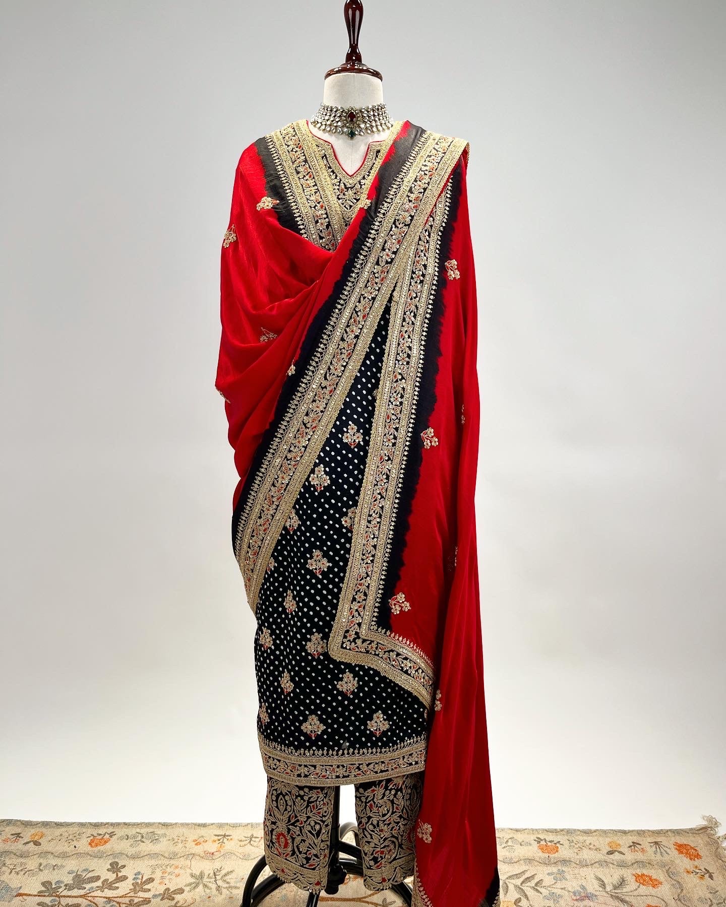 BLACK & RED BANDHEJ KURTA ENSEMBLE IN MARODI & RESHAM WORK