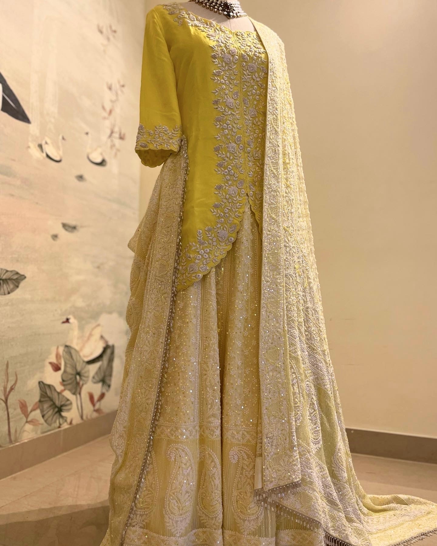 LIME YELLOW CHIKANKARI LEHENGA WITH SHORT KURTA