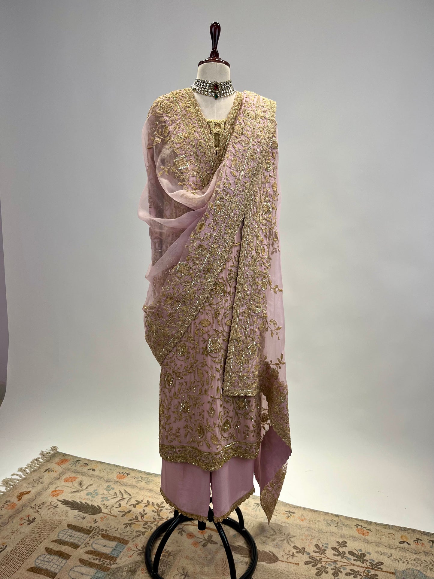 Antique Marodi detailed Chiffon Kurta Set with Organza embroidered dupatta