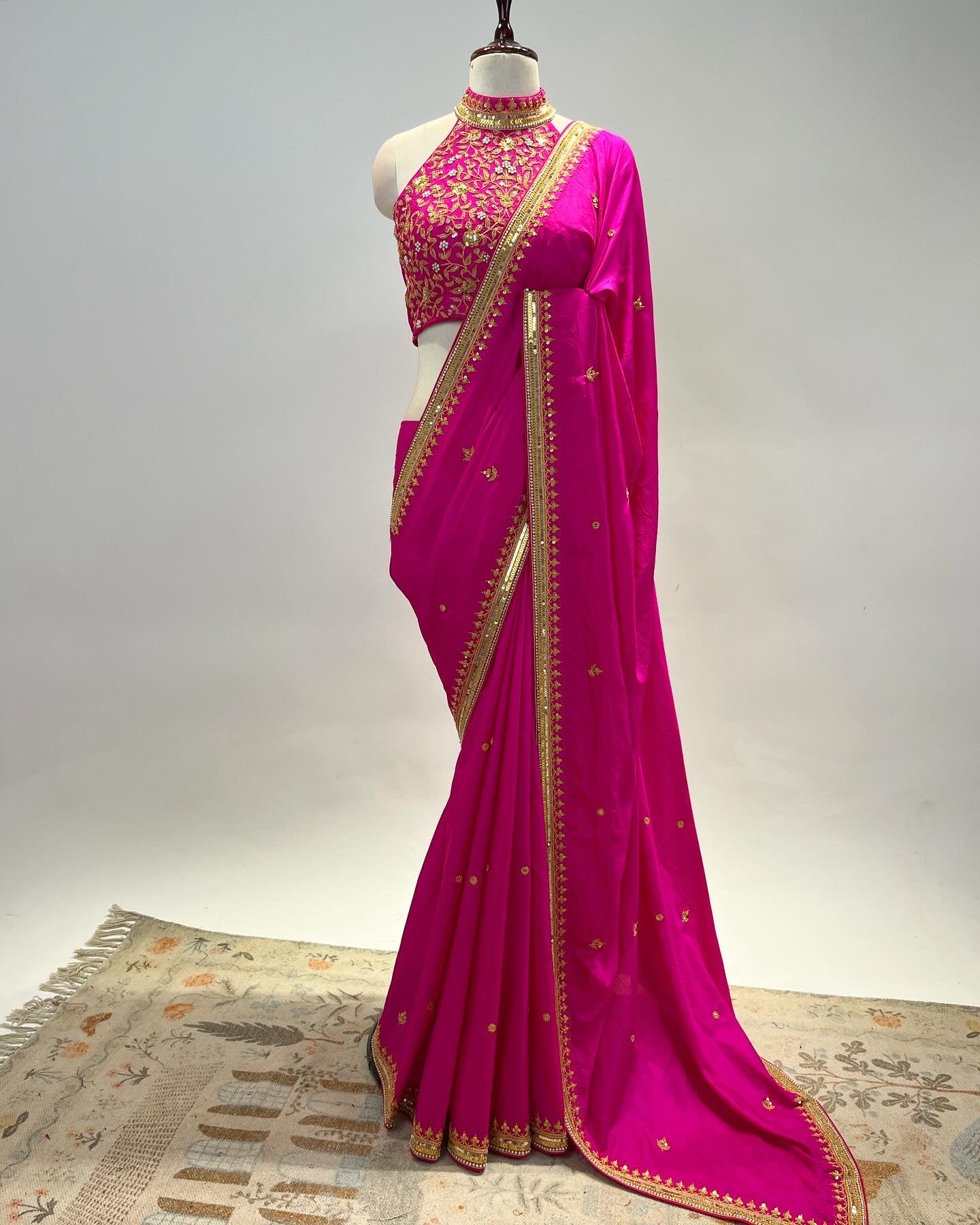 ANTIQUE MARODI WORK SAREE IN PURE SILK WITH A HALTER NECK & BOW BLOUSE