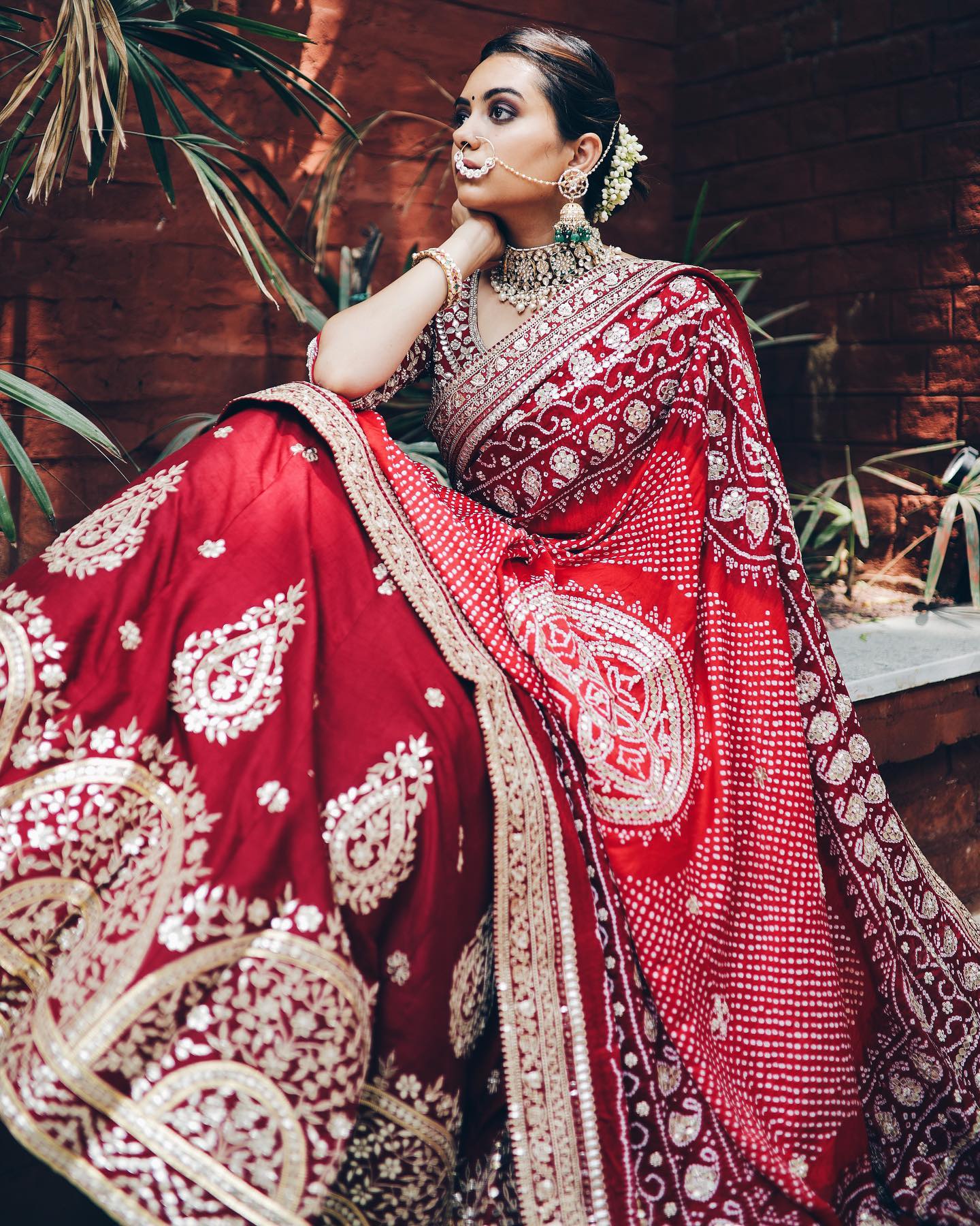 RED GOTAPATTI LEHENGA WITH OMBRE RED MAROON BANDHEJ DUPATTA