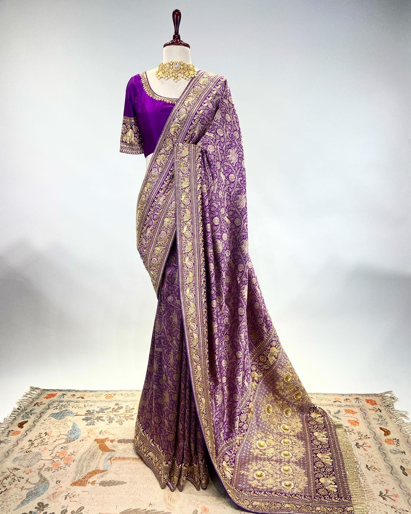 DEEP FRENCH VIOLET EKTAAR BANARASI SHIKARA SAREE IN ANTIQUE GOLD ZARDOSI WORK