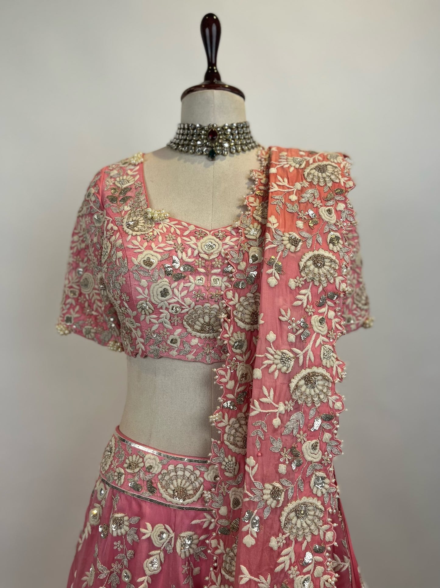 PINK LEHENGA WITH WHITE RESHAM WORK AND 2 DUPATTAS