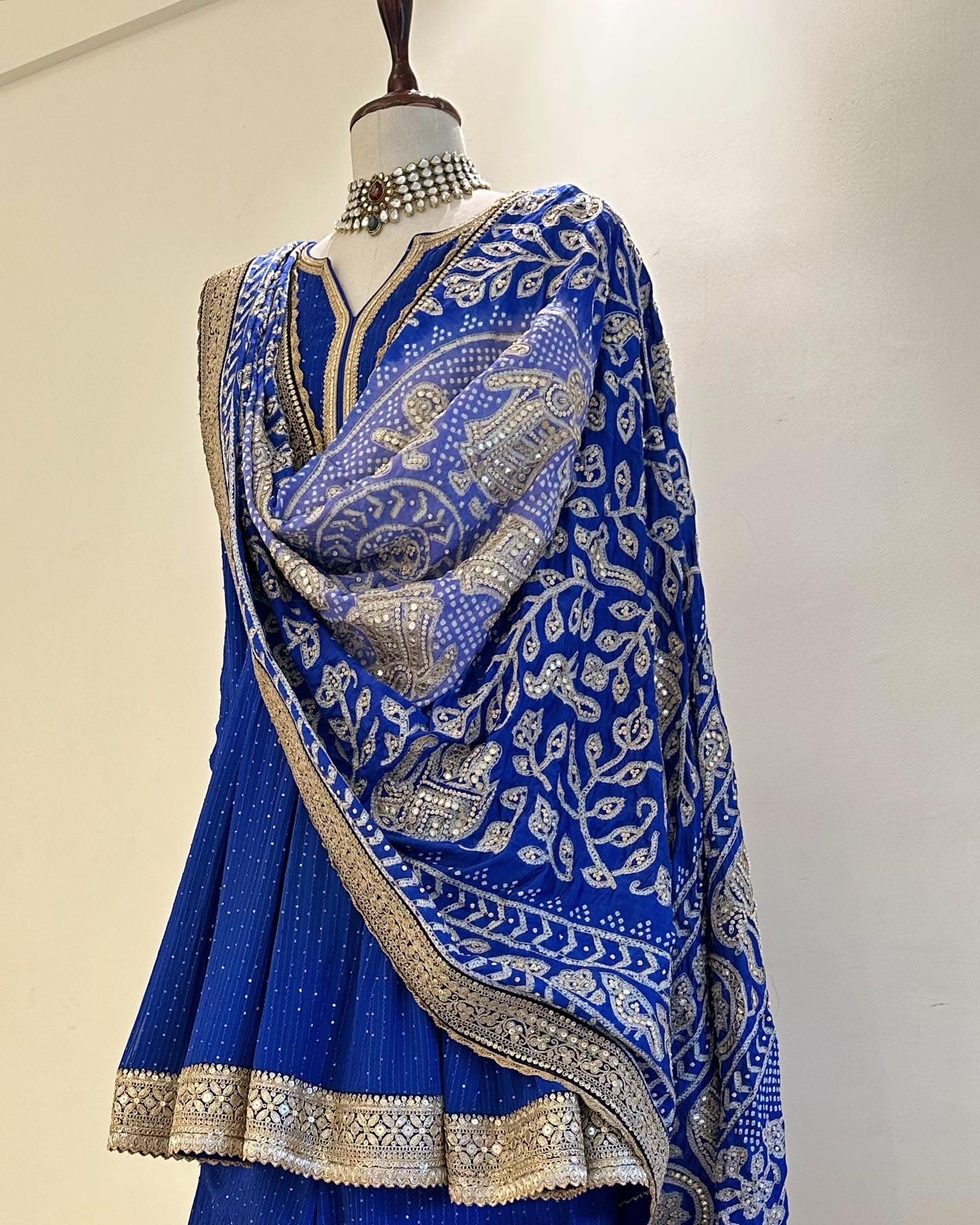 ROYAL BLUE SHARARA KURTA SET WITH RAAS BANDHEJ DUPATTA IN GOTA & FINE PEARL WORK