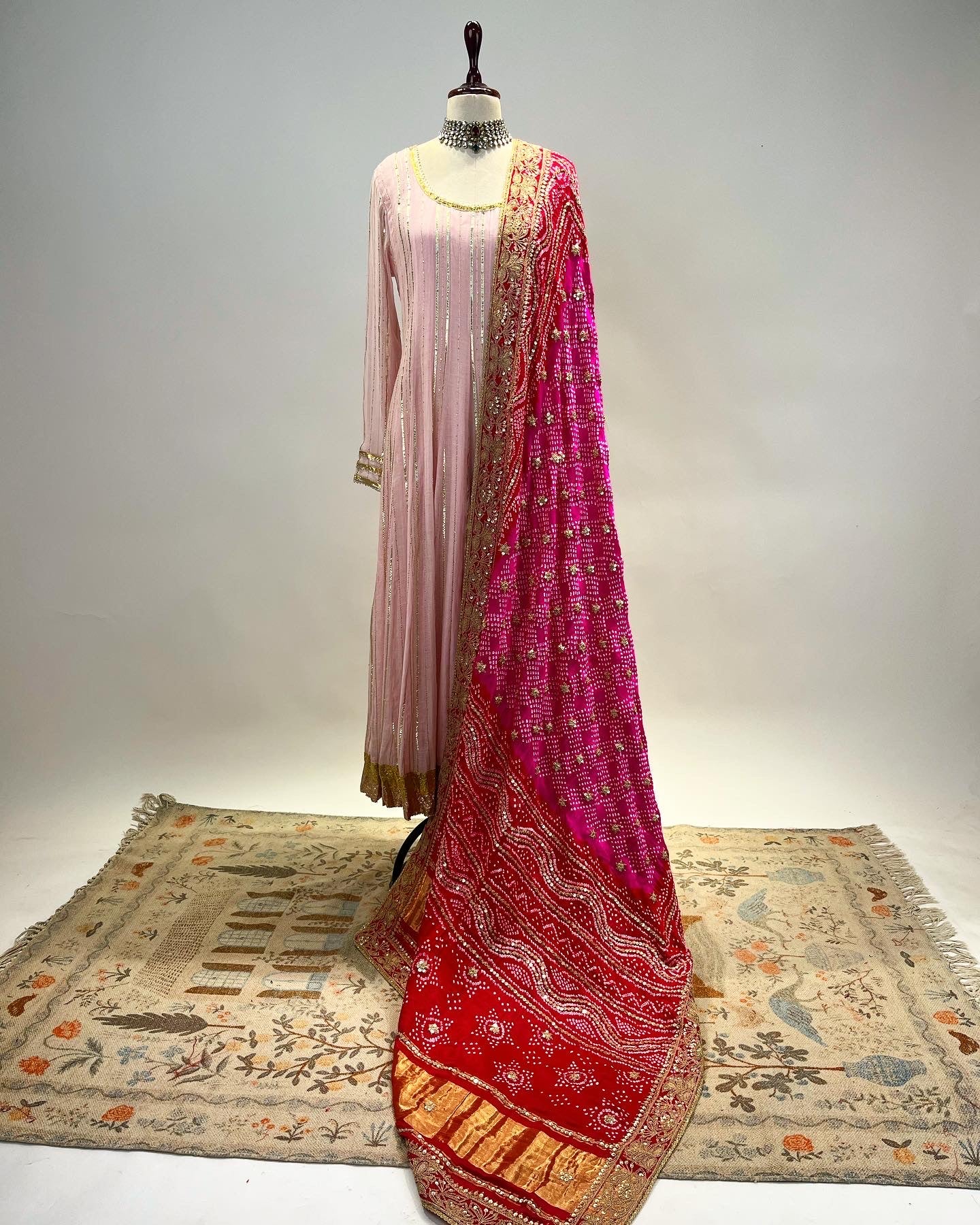 PINK-RED OMBRE MARODI WORK RAI BANDHEJ DUPATTA