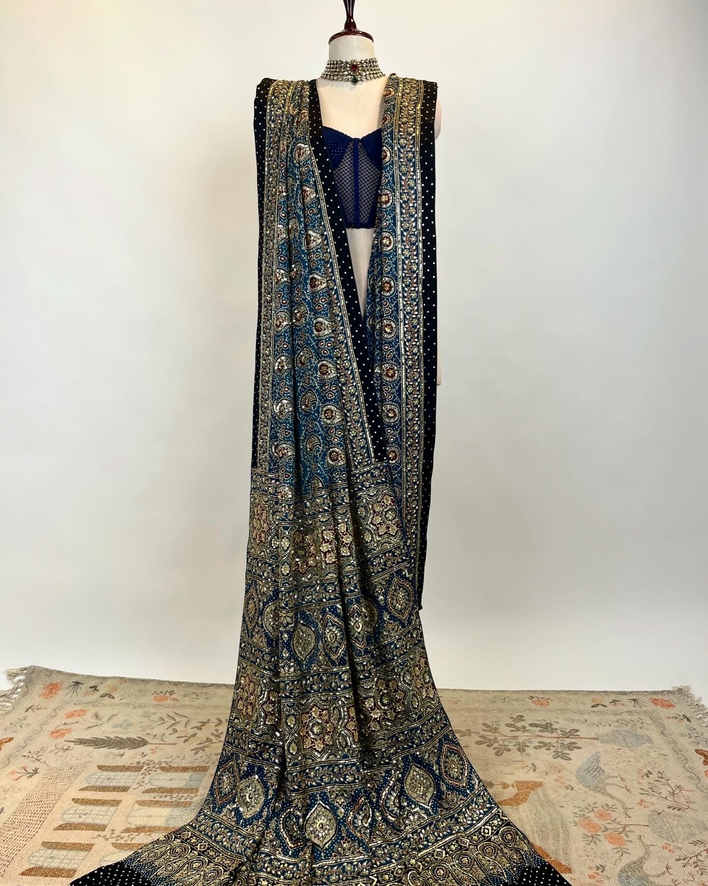 AJRAKH SAREE IN NATURAL INDIGO WITH ZARDOSI CRYSTAL BEADS & ZARI WORK